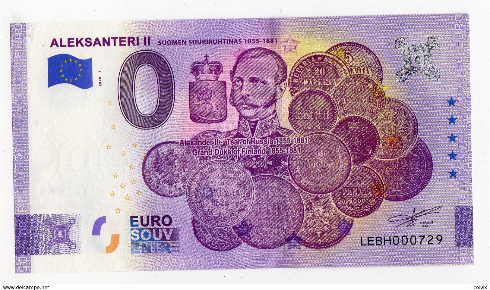 2020-3 BILLET TOURISTIQUE FINLANDE 0 EURO SOUVENIR N° LEBH000729 ALEKSANTERI II (monnaie) - Privatentwürfe