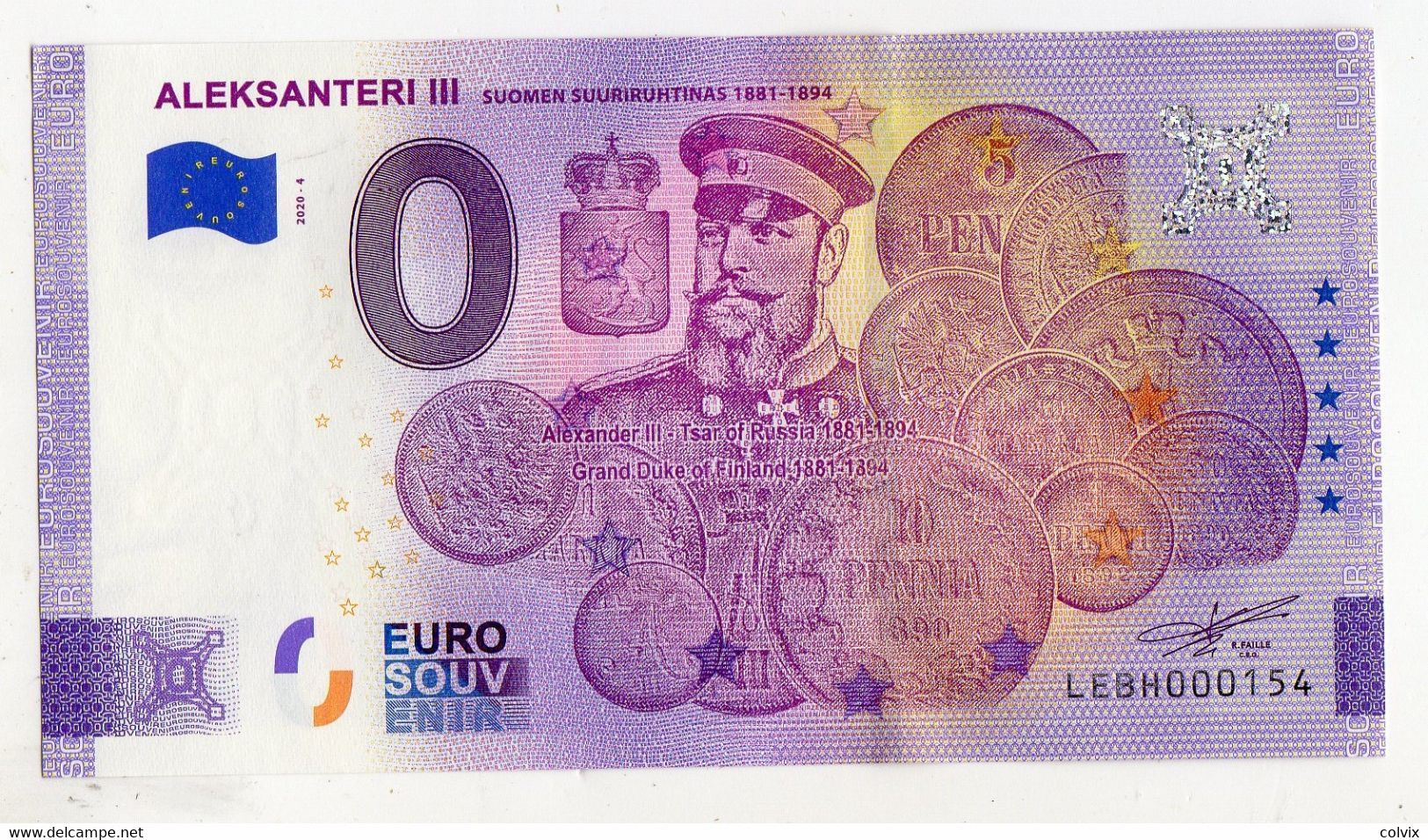 2020-4 BILLET TOURISTIQUE FINLANDE 0 EURO SOUVENIR N° LEBH000154 ALEKSANTERI III (monnaie) - Prove Private