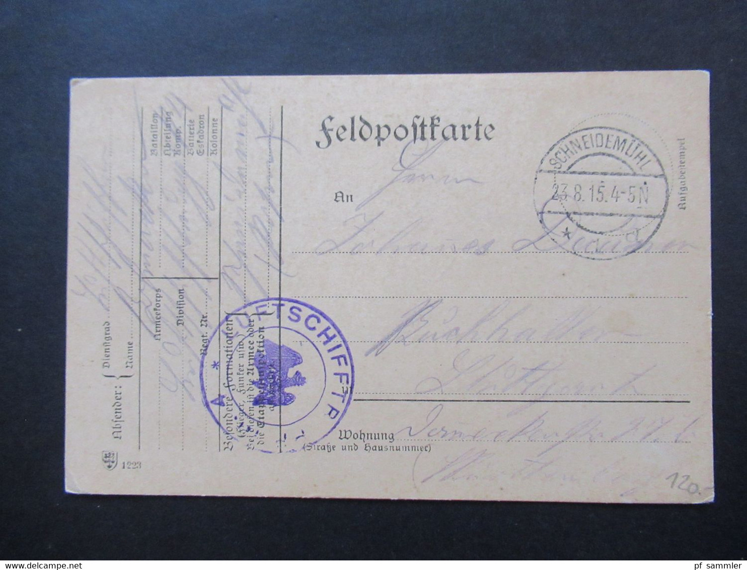 Feldpostkarte 1915 Zeppelin Stempel Luftschifftrupp Nr.4 In Schneidemühl (heute Polen) Seltene PK Mit Adler Stempel! - Zeppelin