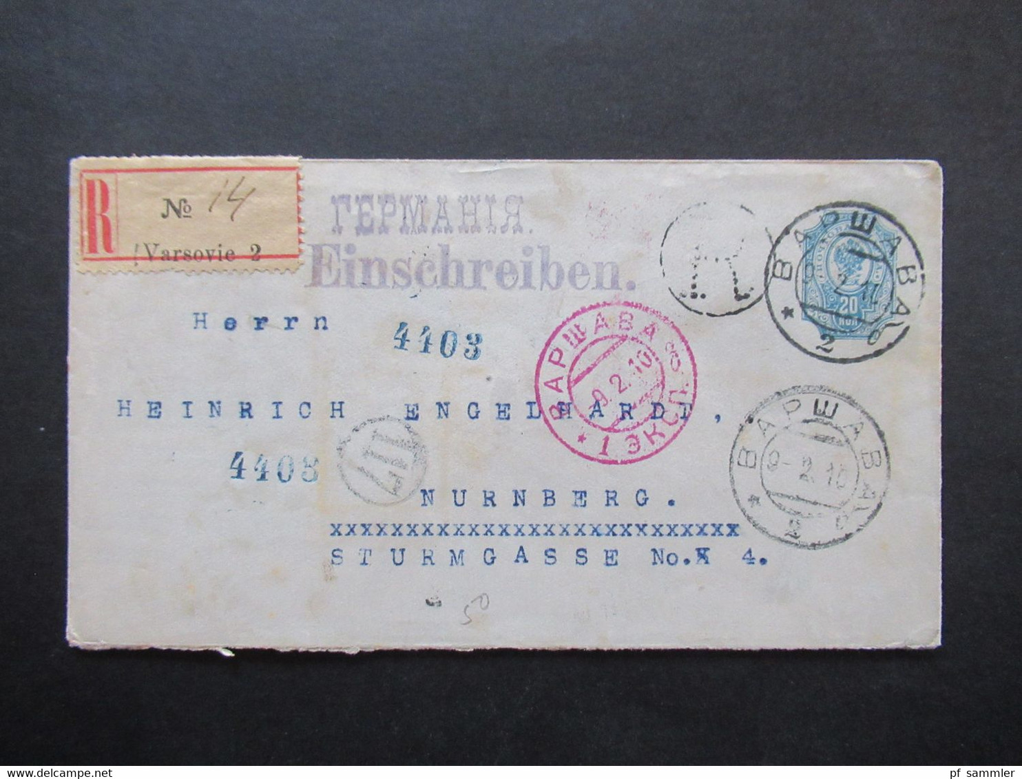 Russland / Polen 1910 Bapwaba / Warschau Einschreiben R-Zettel No 14 Varsovie 2 Nach Nürnberg Mit Vielen Stempeln - Covers & Documents