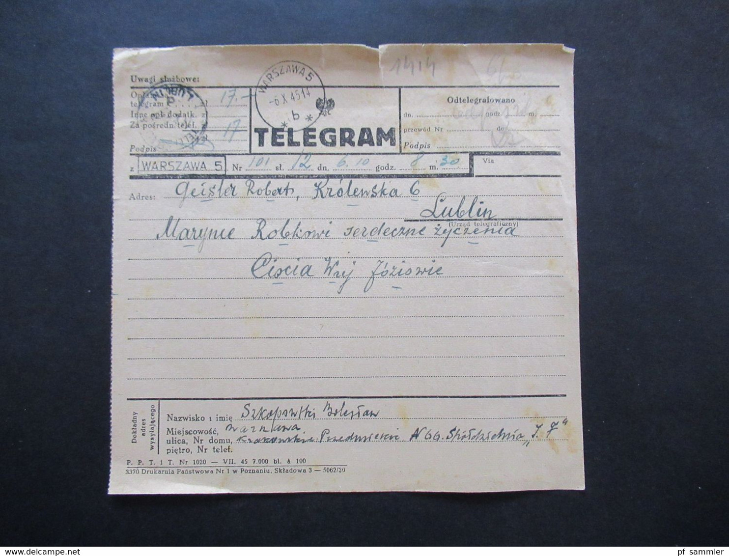 Polen 6.10.1945 (nach Kriegsende) Telegram Aus Lublin Nach Warschau Mit Stempel Ra1 Warszawa 5 Und 2 Weitere Stempel - Briefe U. Dokumente