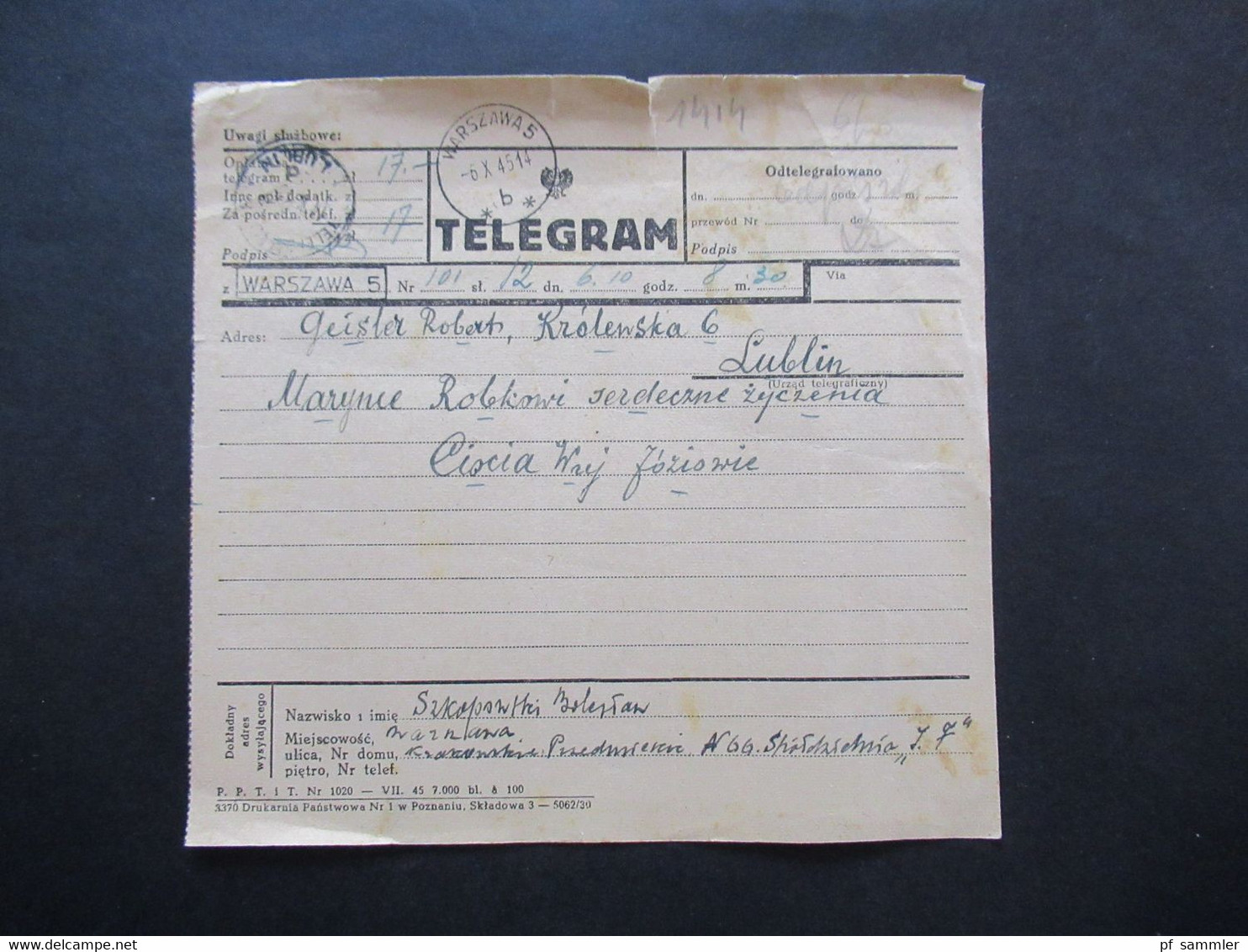 Polen 6.10.1945 (nach Kriegsende) Telegram Aus Lublin Nach Warschau Mit Stempel Ra1 Warszawa 5 Und 2 Weitere Stempel - Storia Postale