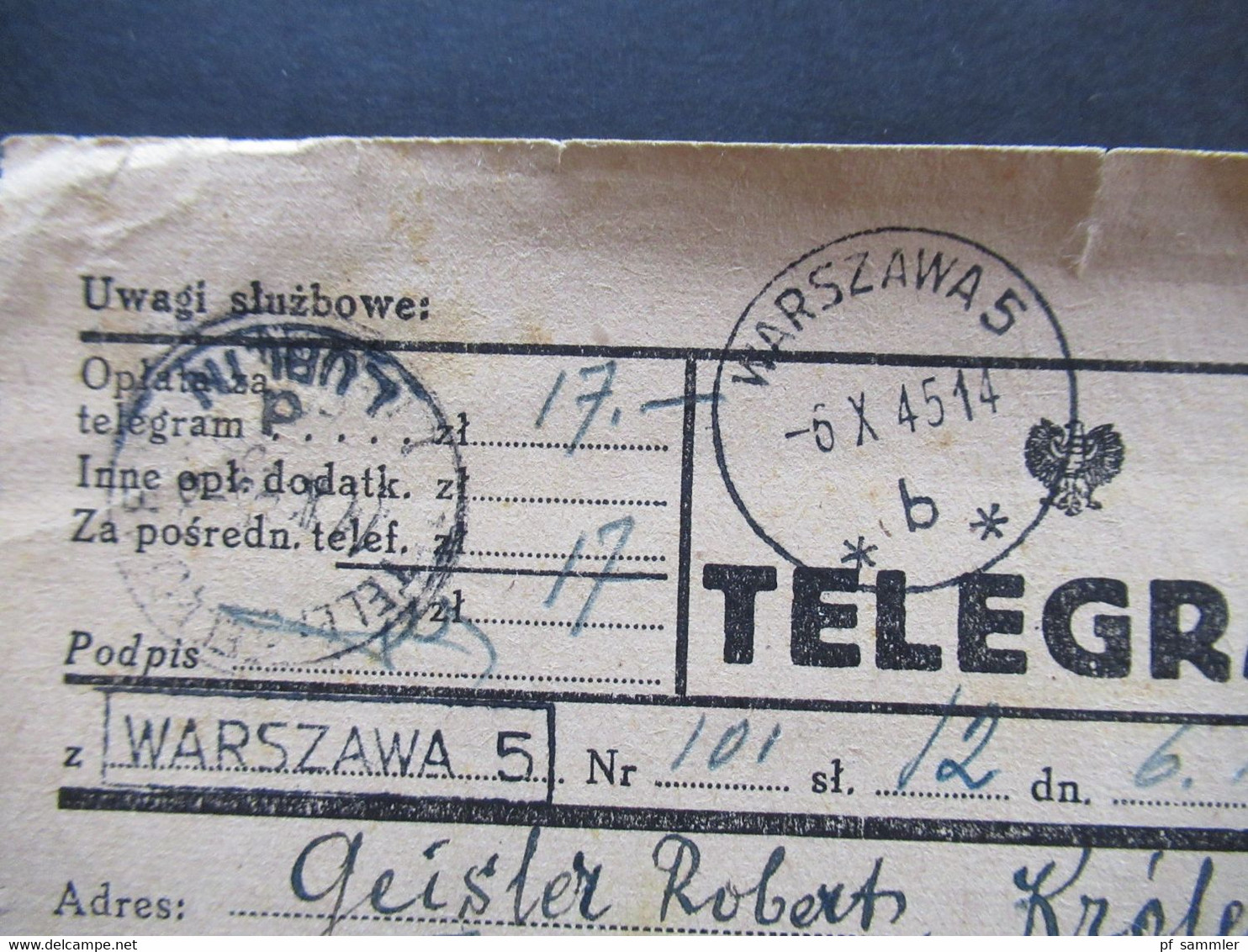 Polen 6.10.1945 (nach Kriegsende) Telegram Aus Lublin Nach Warschau Mit Stempel Ra1 Warszawa 5 Und 2 Weitere Stempel - Lettres & Documents