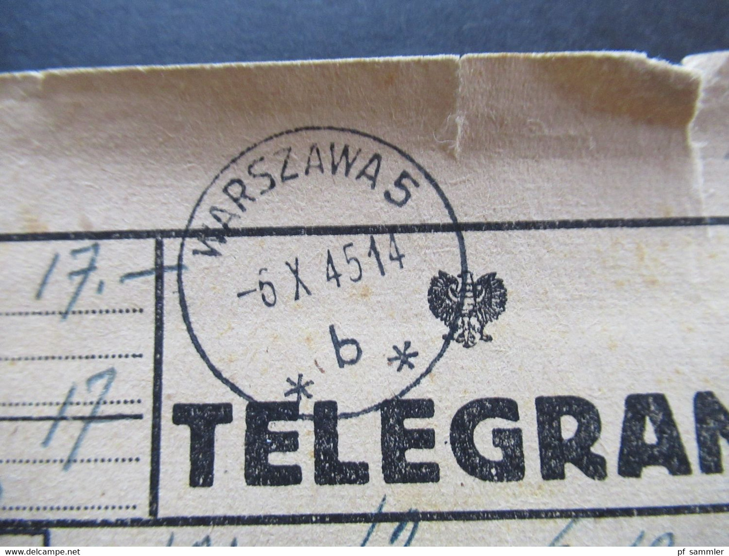 Polen 6.10.1945 (nach Kriegsende) Telegram Aus Lublin Nach Warschau Mit Stempel Ra1 Warszawa 5 Und 2 Weitere Stempel - Brieven En Documenten