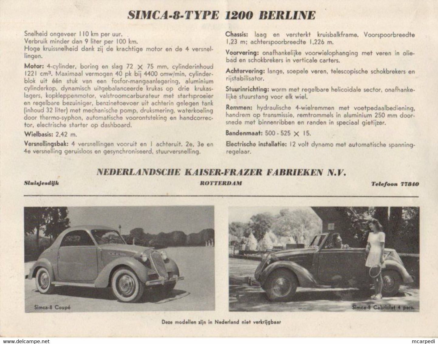 < Automobile Auto Voiture Car >> Publicité Folder Feuille 2p. Simca 8 Type 1200 Berline, Cabriolet, Coupé, Hollande - Cars