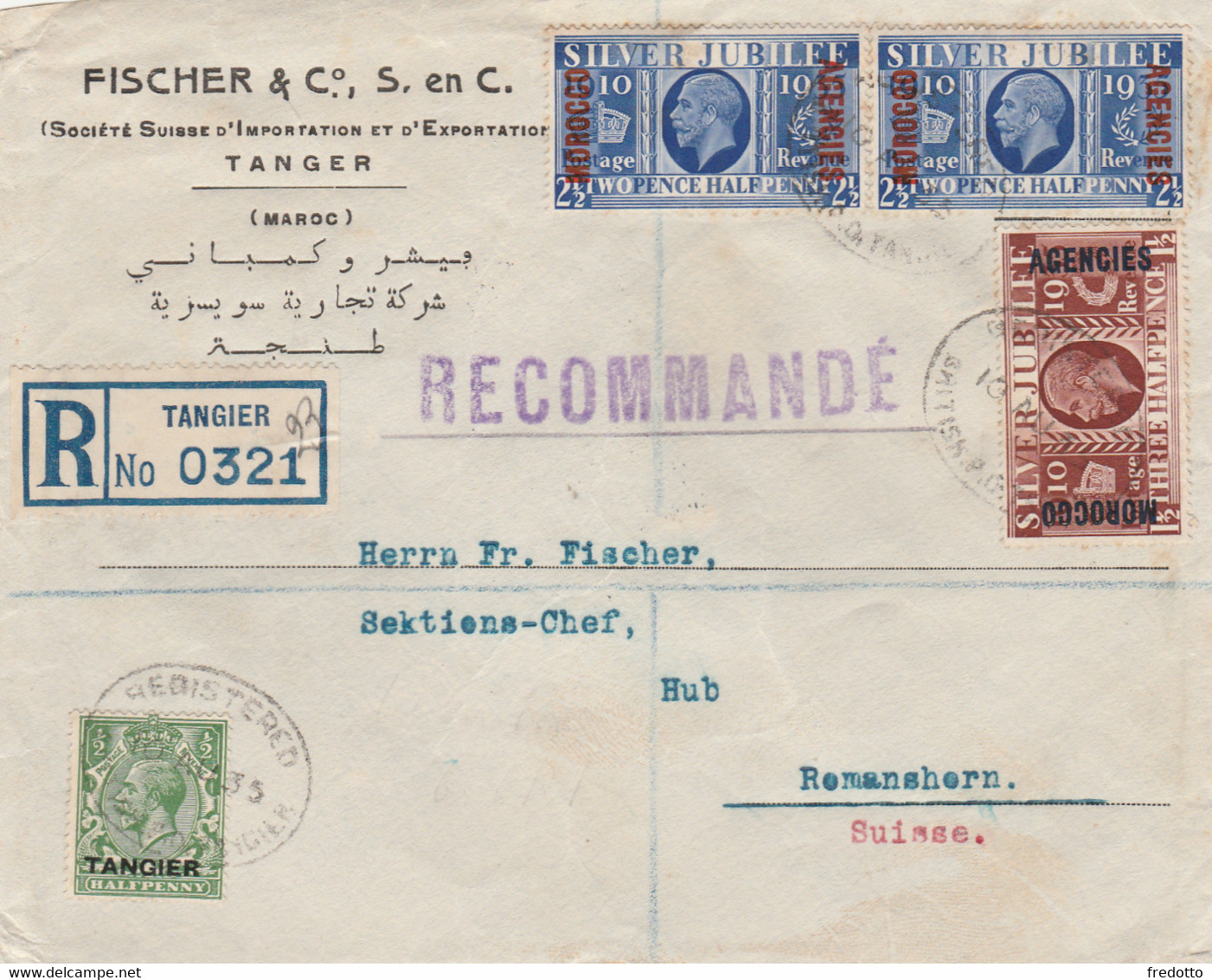 Tangier (Marokko) Brief-Einschreiben Gelaufen In Die Schweiz 1935 Mit Vignette, Selten ! - Postämter In Marokko/Tanger (...-1958)