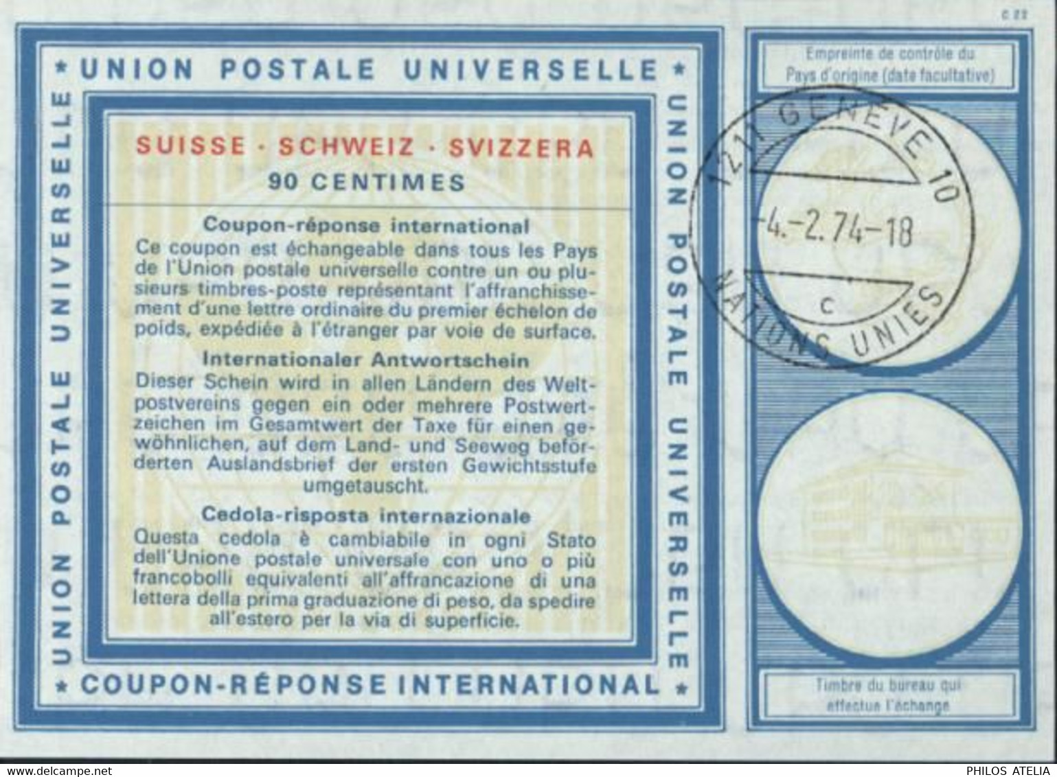 Coupon Réponse International UPU Suisse 90 Cts CAD 1211 Genève 10 Nations Unies 4 2 74 - 18 C - Cartas & Documentos