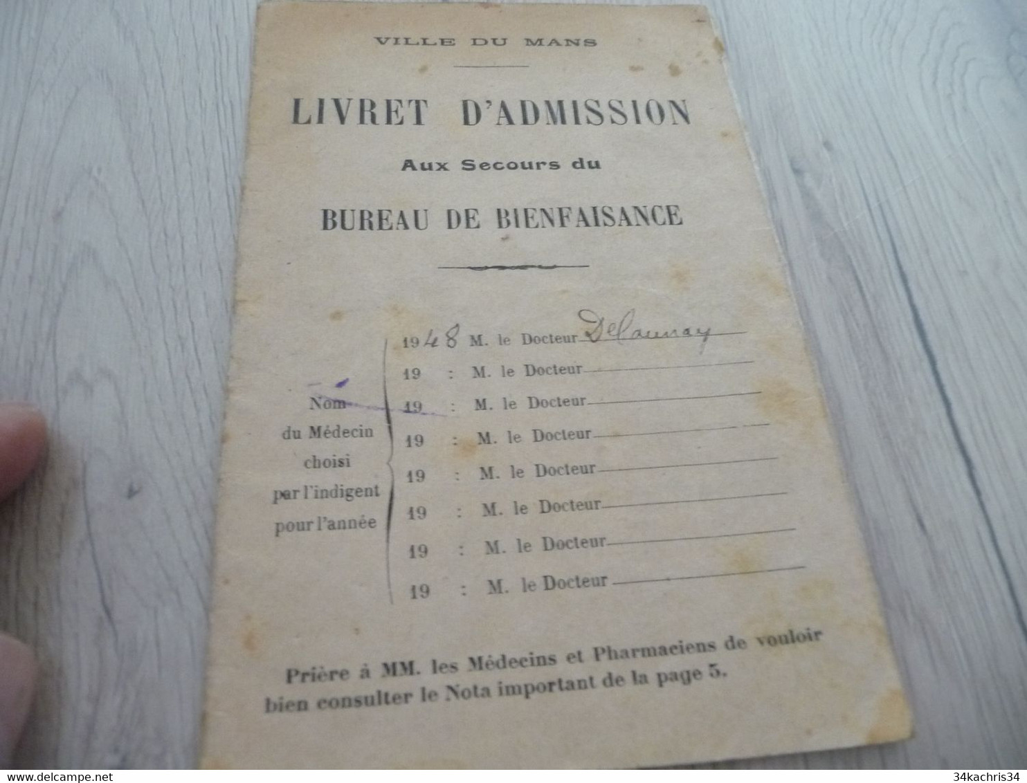Livret D'admission Aux Secours Du Bureau De Bienfaisance De La Ville Du Mans Guerre 39/45 - Dokumente