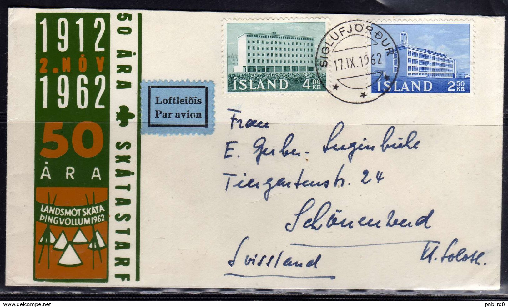 ISLANDA ICELAND ISLANDE 1962 NEW BUILDINGS PRODUCTION INSTITUTE FISHING REASEARCH 2.50 + 4k PAR AVION AIR MAIL COVER - Lettres & Documents