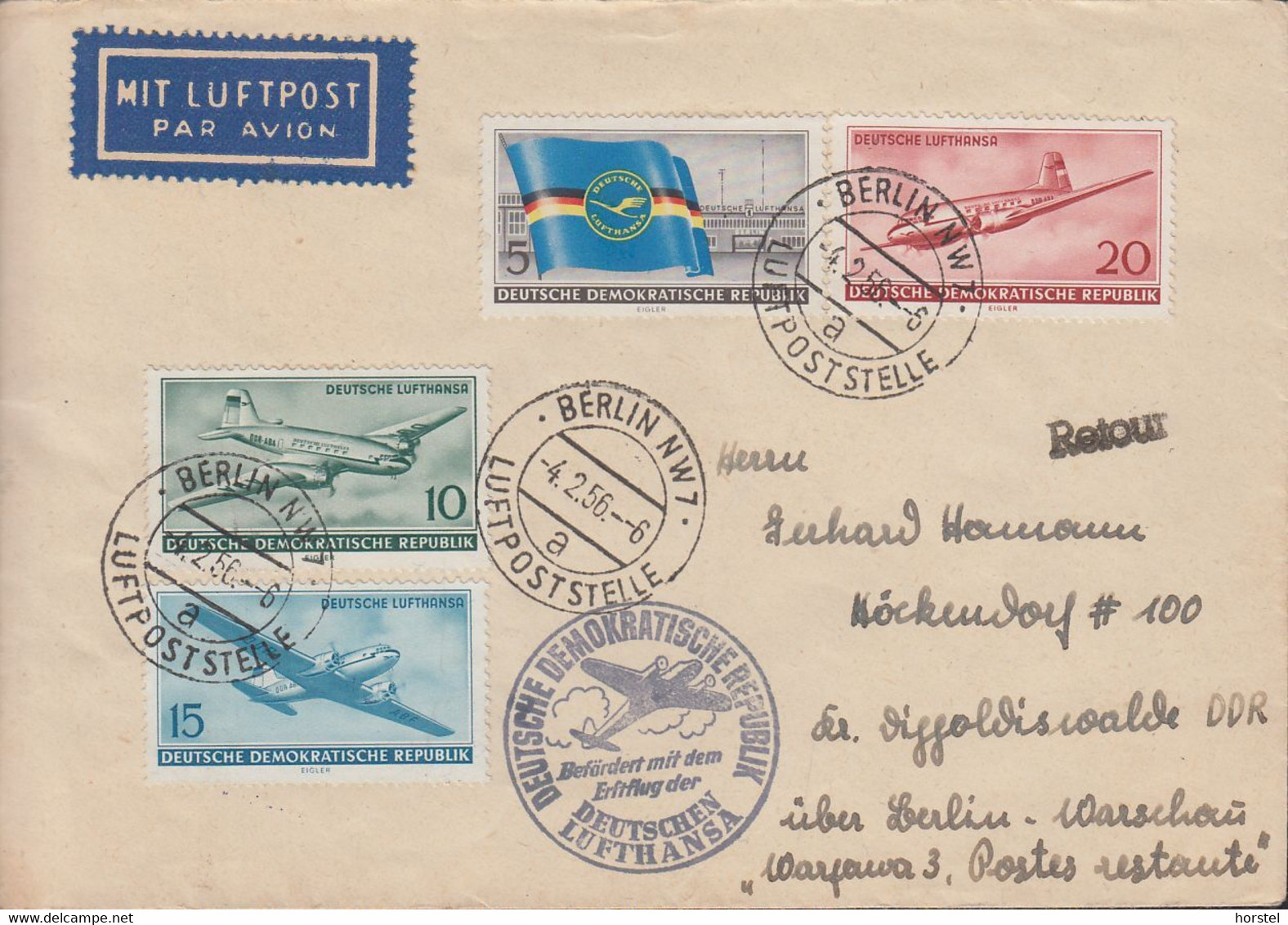 DDR - Mi. 512-515 Eröffnung Des Zivilen Luftverkehrs In Der DDR - Luftpostbrief ( Gelaufen Am 4.2.1956) - Poste Aérienne
