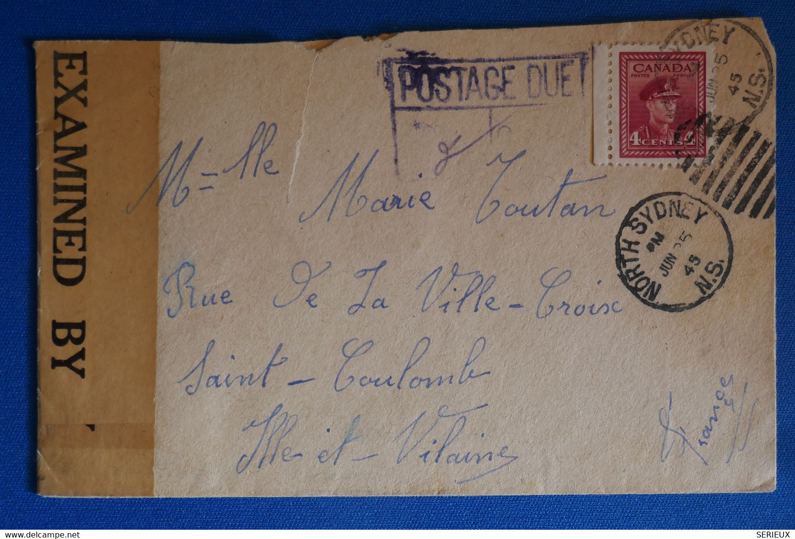 K10 CANADA BELLE LETTRE CENSUREE RARE  1945 NOTH SYDNEY POUR SAINT COLOMBE FRANCE +AFFRANCH. PLAISANT - Brieven En Documenten