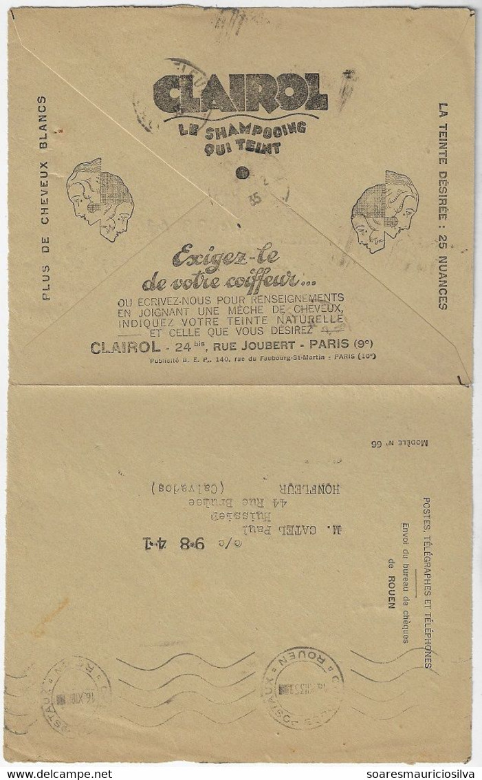 France 1935 Postal Cheque Cover Check Advertisement Clairol Shampoo That Dyes Hair Hairdresser Beuaty Woman Cosmetic - Covers & Documents