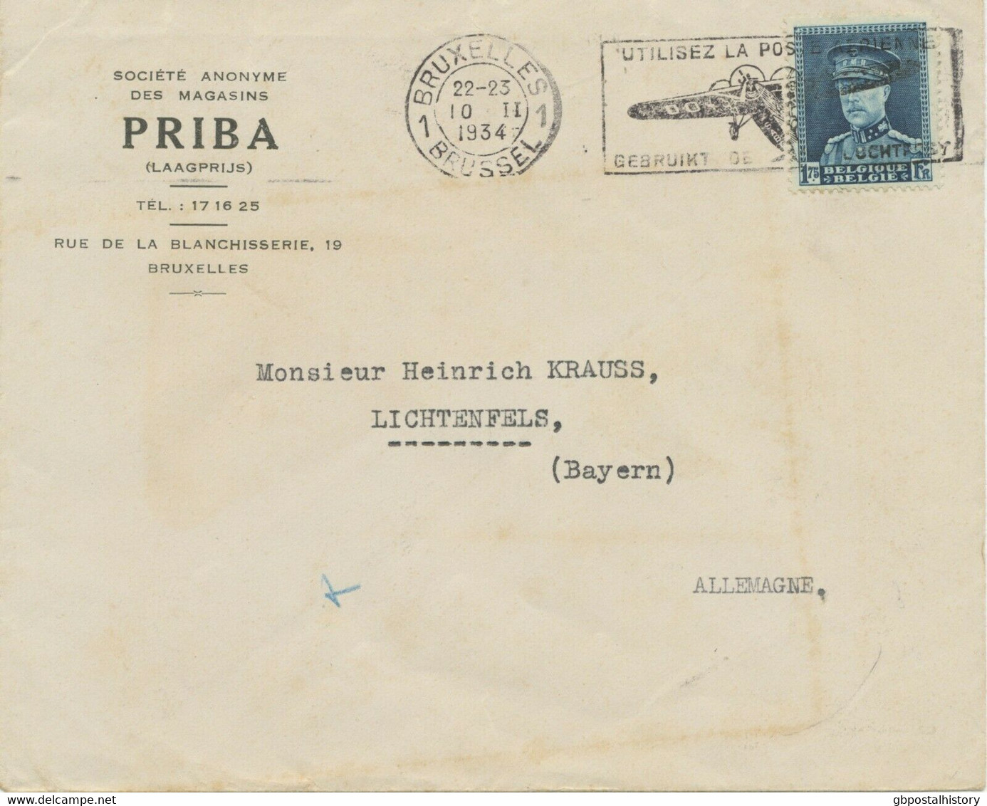BELGIEN 1934 König Albert I 1,75 Fr. EF Brief BRUSSEL GEBRUIKT DE LUCHTPOST - Aerograms