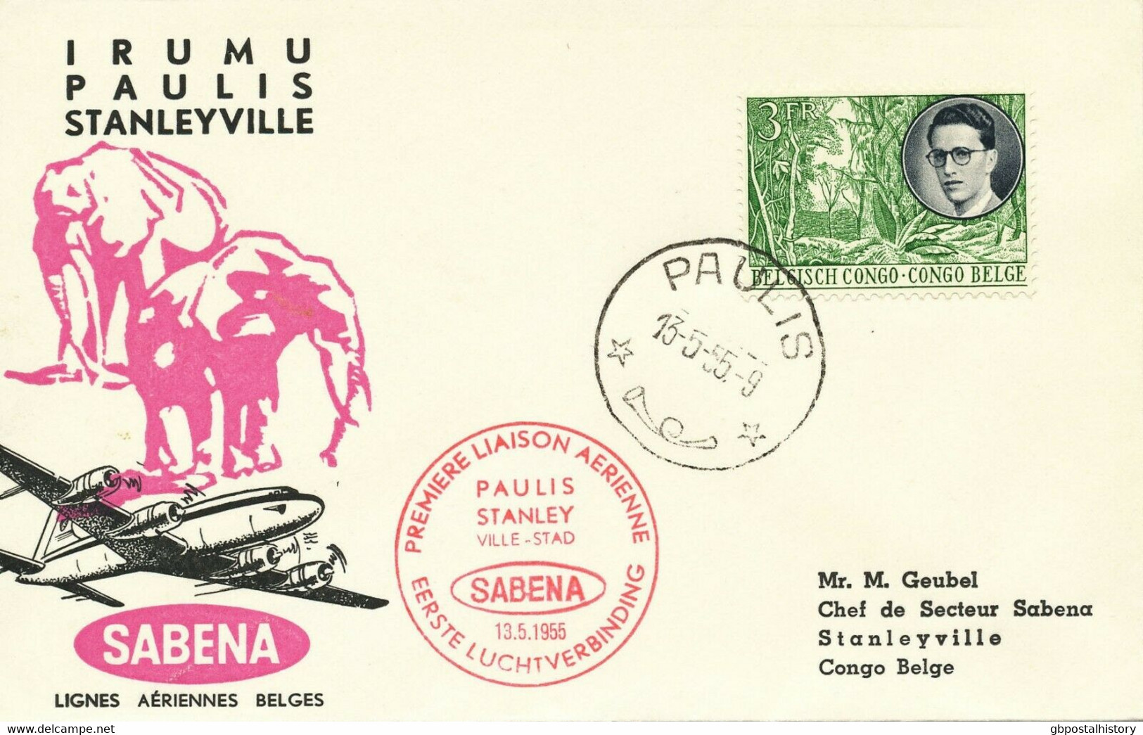 BELGISCH-KONGO 1955 Inlands-Erstflug Der SABENA "PAULIS (ISIRO) - STANLEYVILLE" - Storia Postale