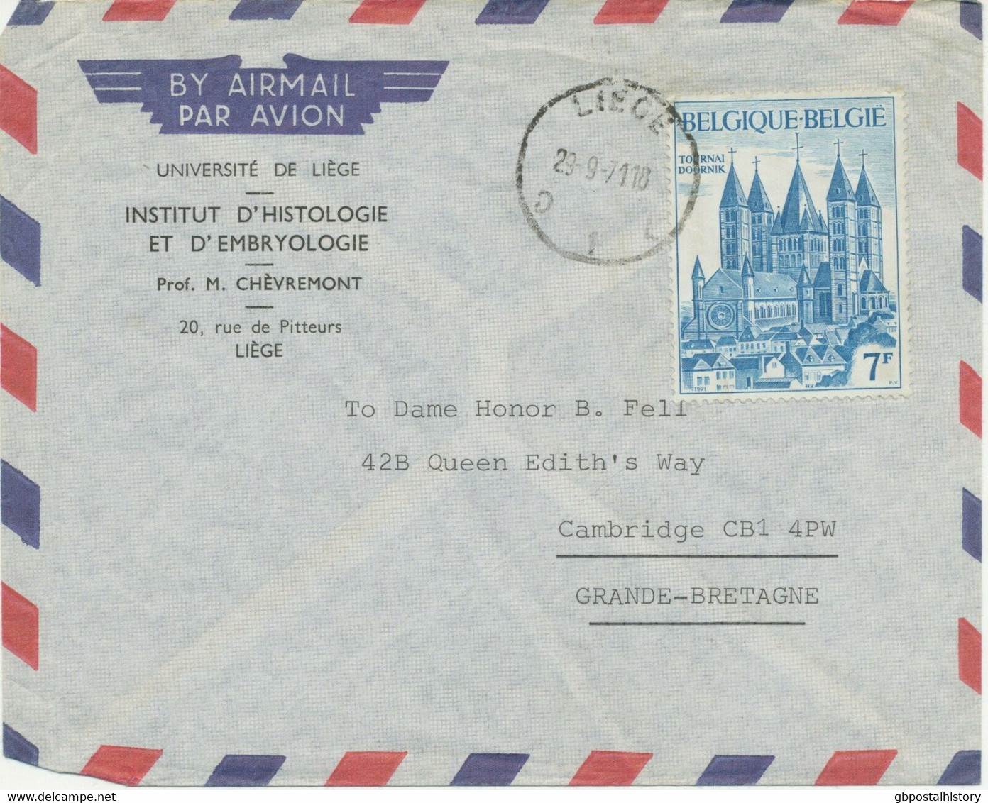 BELGIEN 1971, 7 Fr. 800 Jahre Kathedrale Von Tournai (Doornik) Selt. EF A. LuPo - Lettres & Documents