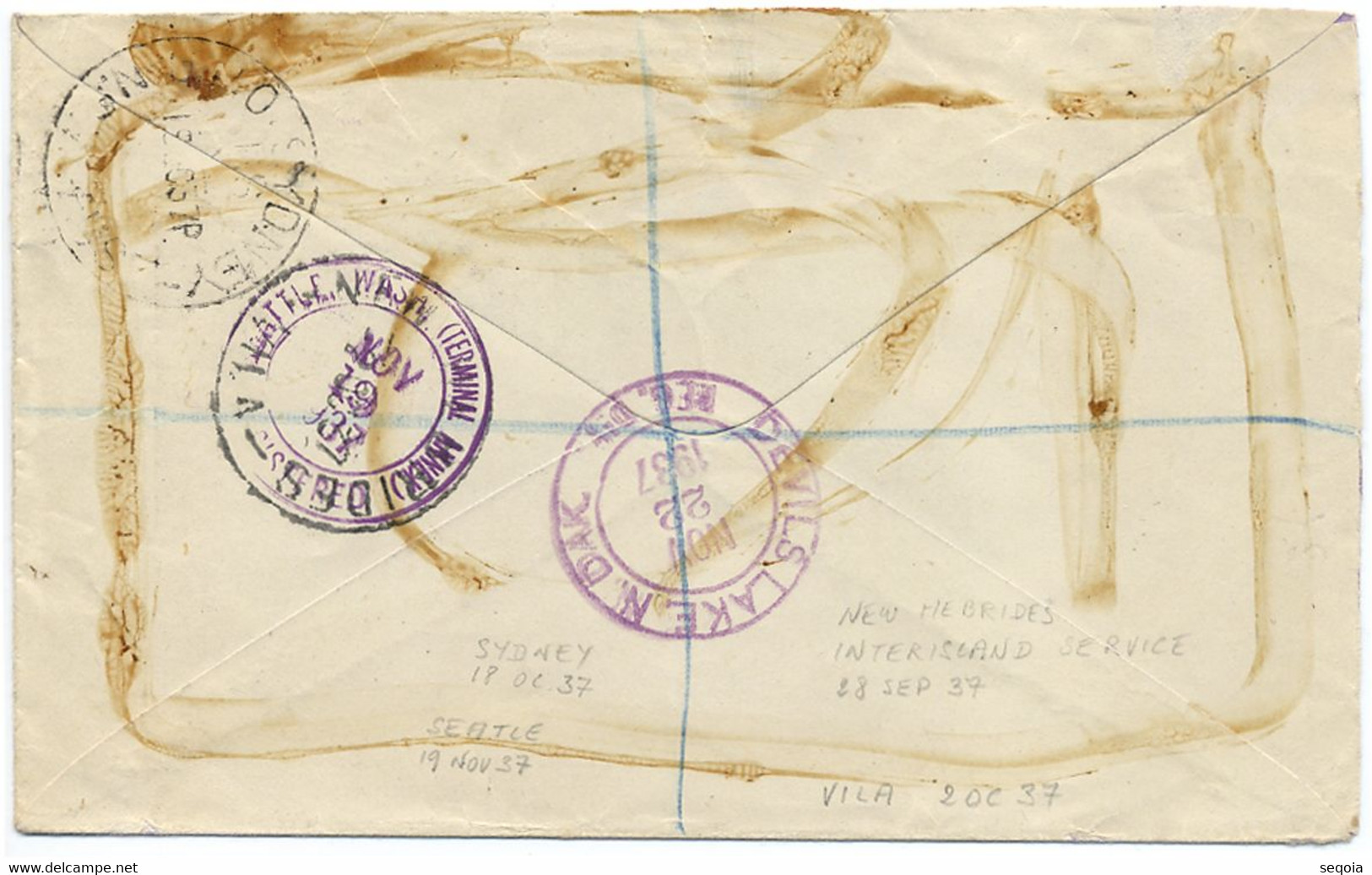 1937 NOUVELLES HEBRIDES LETTRE AVEC CACHET DE RECOMMANDATION SANTO ET OBL INTERISLAND SERVICE POUR LES USA - Storia Postale