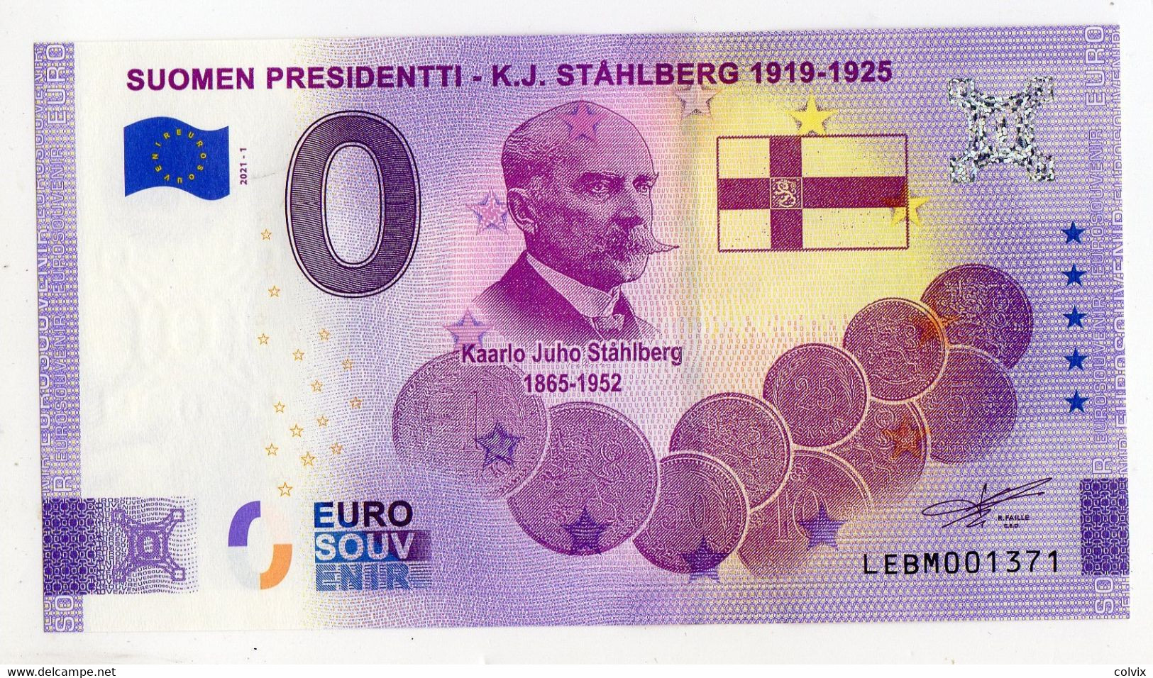 2021-1 BILLET TOURISTIQUE FINLANDE 0 EURO SOUVENIR N°LEBM001371 SUOMEN PRESIDENTTI - K.J.STAHLBERG (monnaie) - Essais Privés / Non-officiels