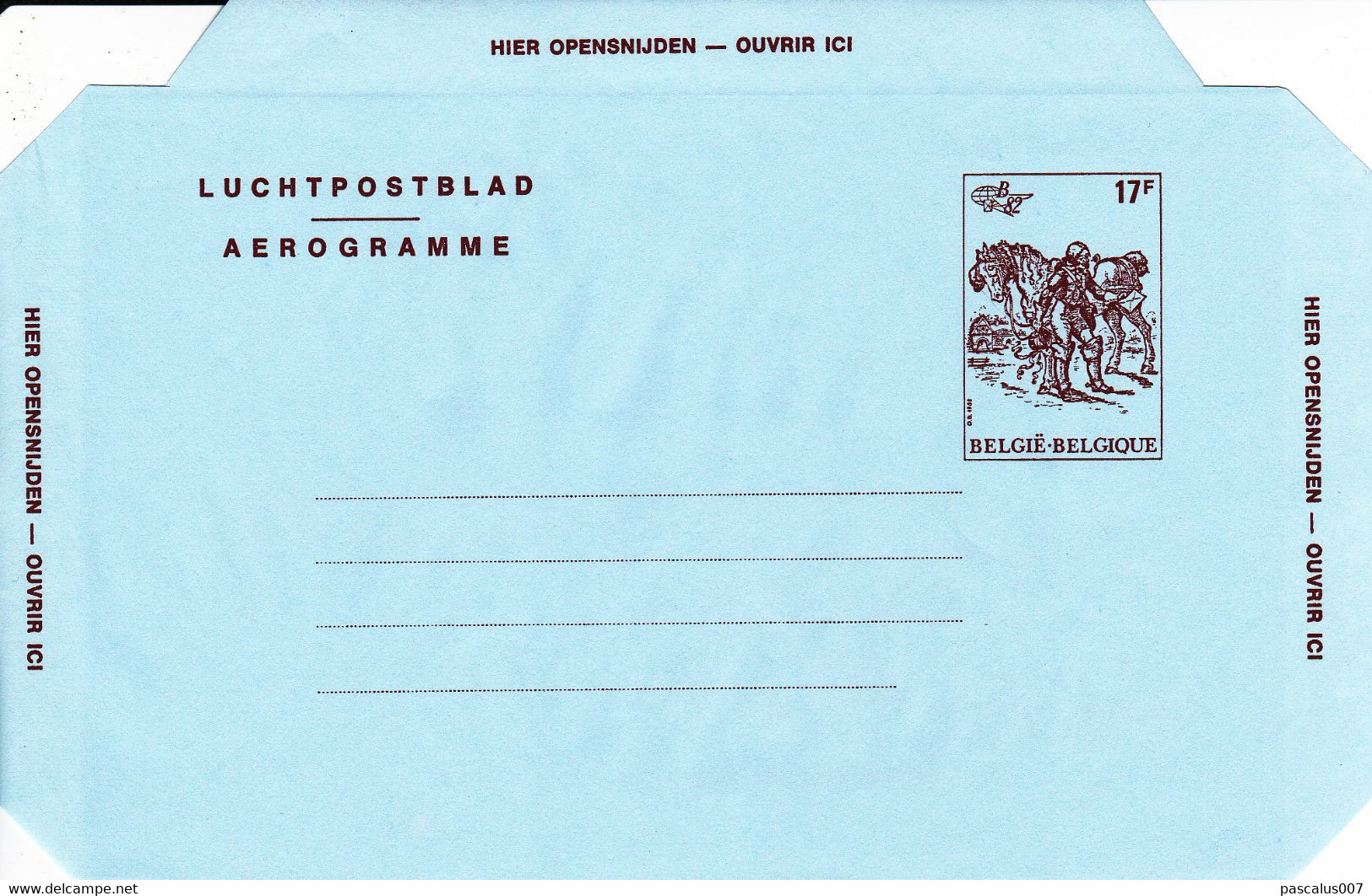 B01-325 P147-019II Entier Postal Aérogramme N°19 II (NF) Belgica 1982 - 17 F Représentation 2074 Estafette Impériale - Luchtpostbladen