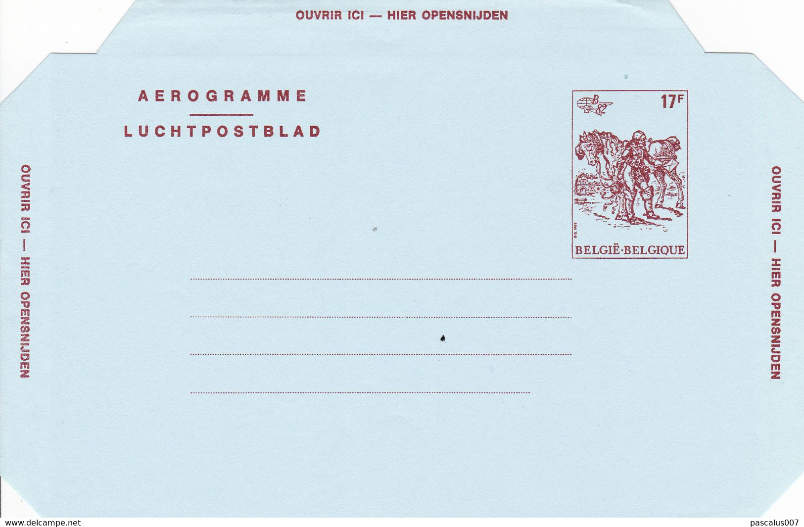 B01-325 P147-019I - Entier Postal - Aérogramme N°19 I (FN) Belgica 1982 - 17 F - Représentation Du Cob 2074 - Estafette - Luchtpostbladen