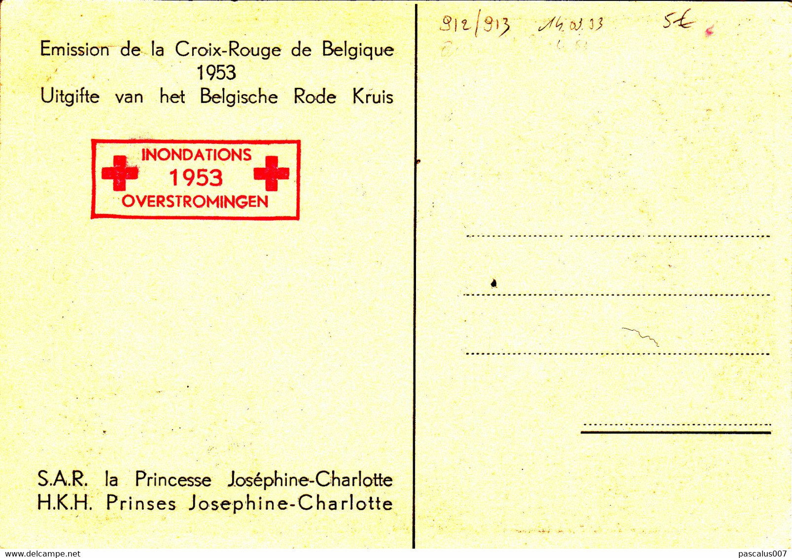 B01-325 912 917 PC FDC Carte Souvenir Overstromingen Inondations Croix-Rouge Joséphine Charlotte Princesse - 1951-1960