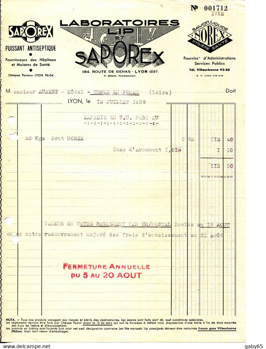 69.LYON.LABORATOIRES LIP & SAPOREX  P.BRUN PHARMACIEN 184 ROUTE DE GENAS. - Droguerie & Parfumerie