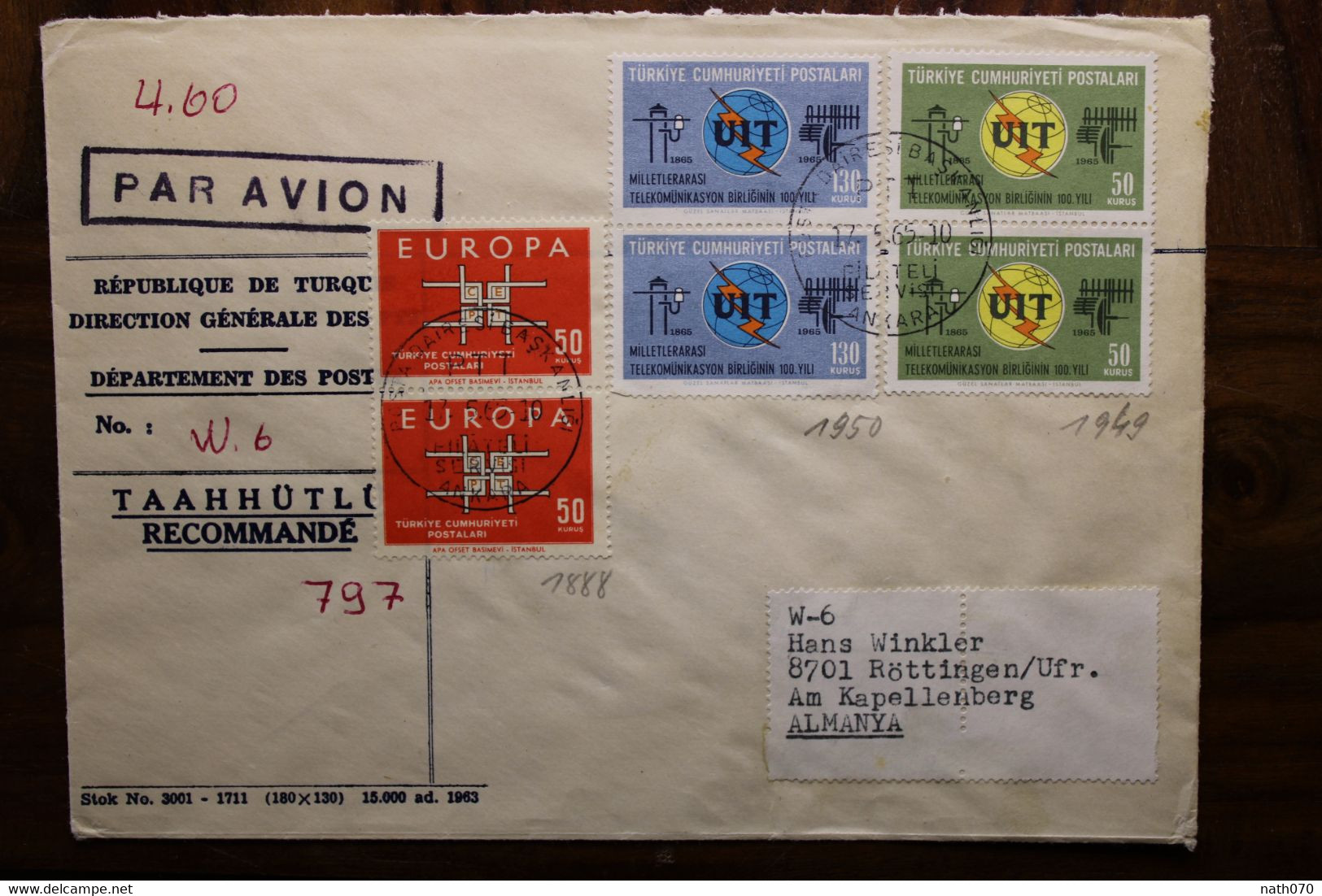 1965 Turquie Türkei FDC Air Mail Cover Enveloppe Europa 3 Paire Recommandé - Storia Postale
