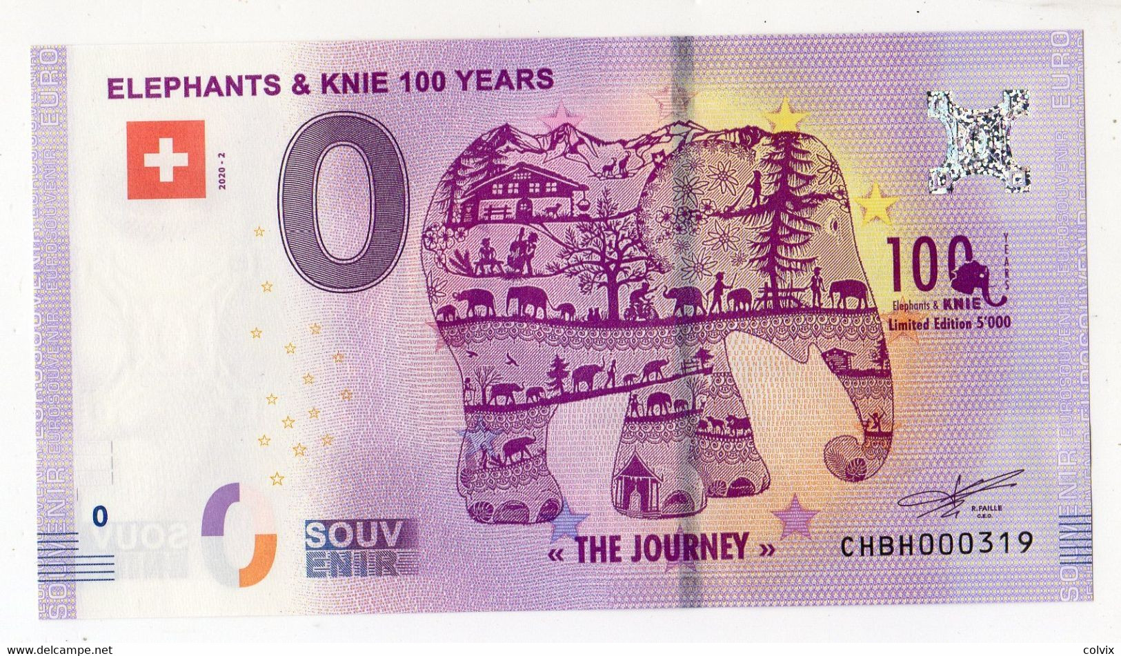2020-2 BILLET TOURISTIQUE SUISSE 0 EURO SOUVENIR N°CHBH000319 ELEPHANTS & KNIE 100 YEARS - Privéproeven