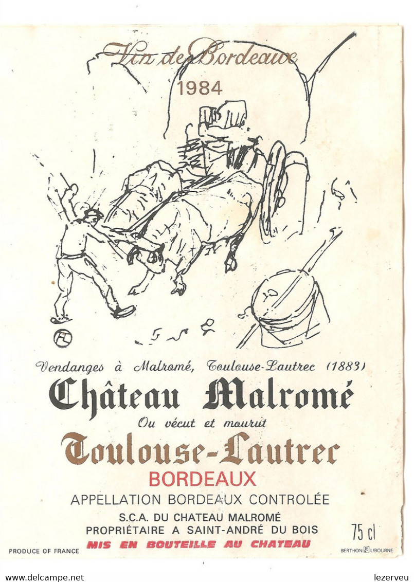 ETIQUETTE CHATEAU MALROME DESSIN TOULOUSE LAUTREC VENDANGES ATTELAGE - Arte Nuevo