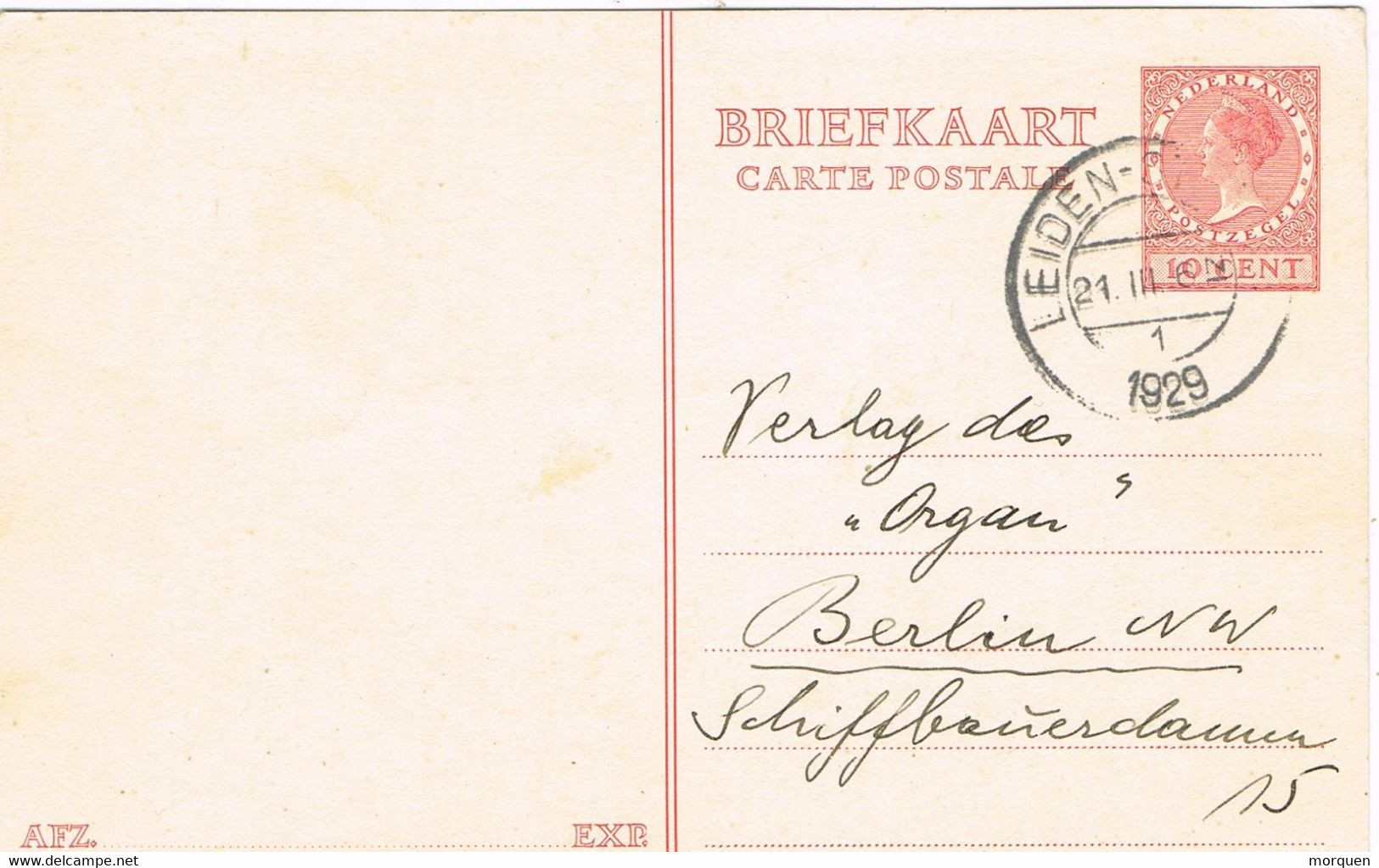 39342. Entero Postal LEIDEN (Holland) 1929. To VERLAG Das ORGAN, Imprenta - Autres & Non Classés