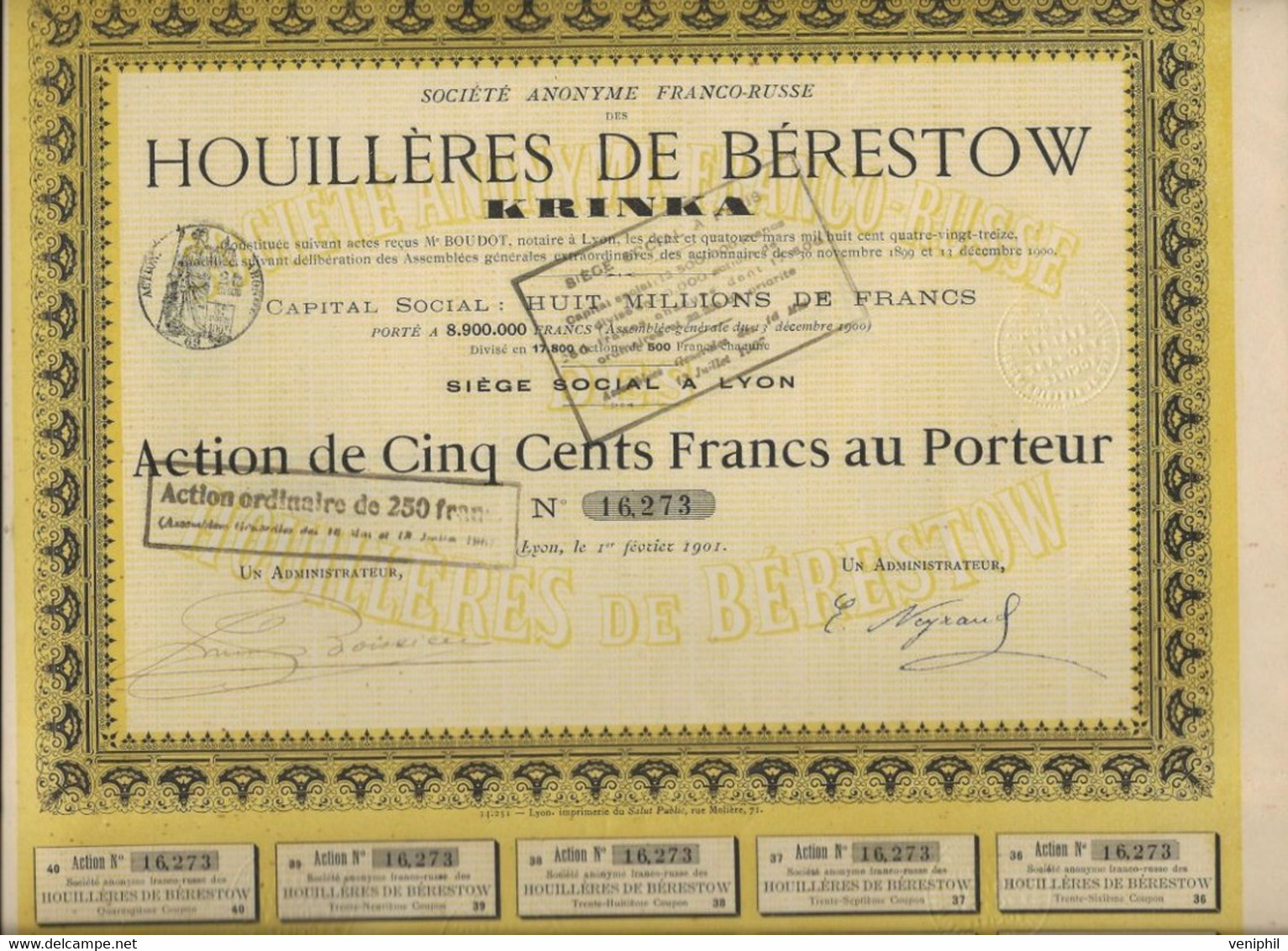 HOUILLERES DE BERESTOW -KRINKA -LOT DE 2 ACTIONS DE CINQ CENTS FRANCS - ANNEE 1901 - Miniere