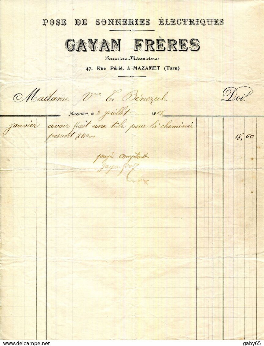 81.TARN.MAZAMET.POSE DE SONNERIES ELECTRIQUES.GAYAN FRERES SERRURIERS-MECANICIENS 47 RUE PÉRIÉ. - Electricité & Gaz