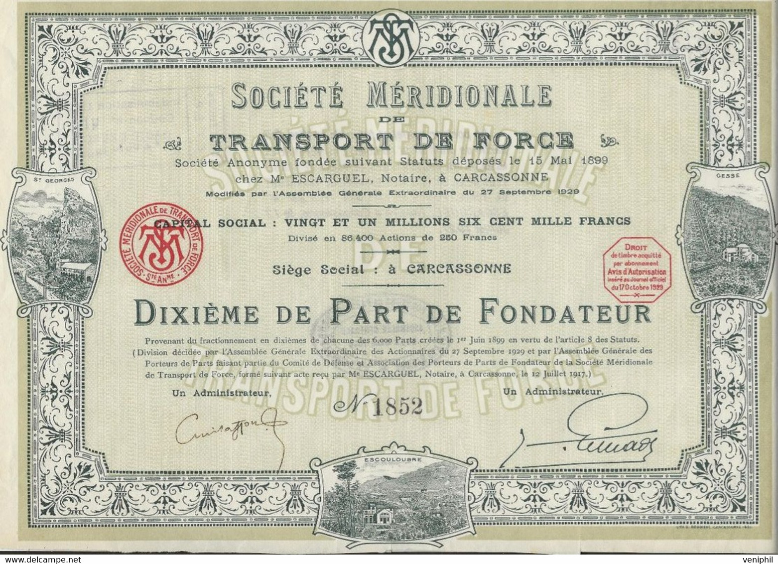 SOCIETE MERIDIONALE DE TRANSPORTS DE FORCE - DIXIEME DE PART DE FONDATEUR - 1917 - Elettricità & Gas