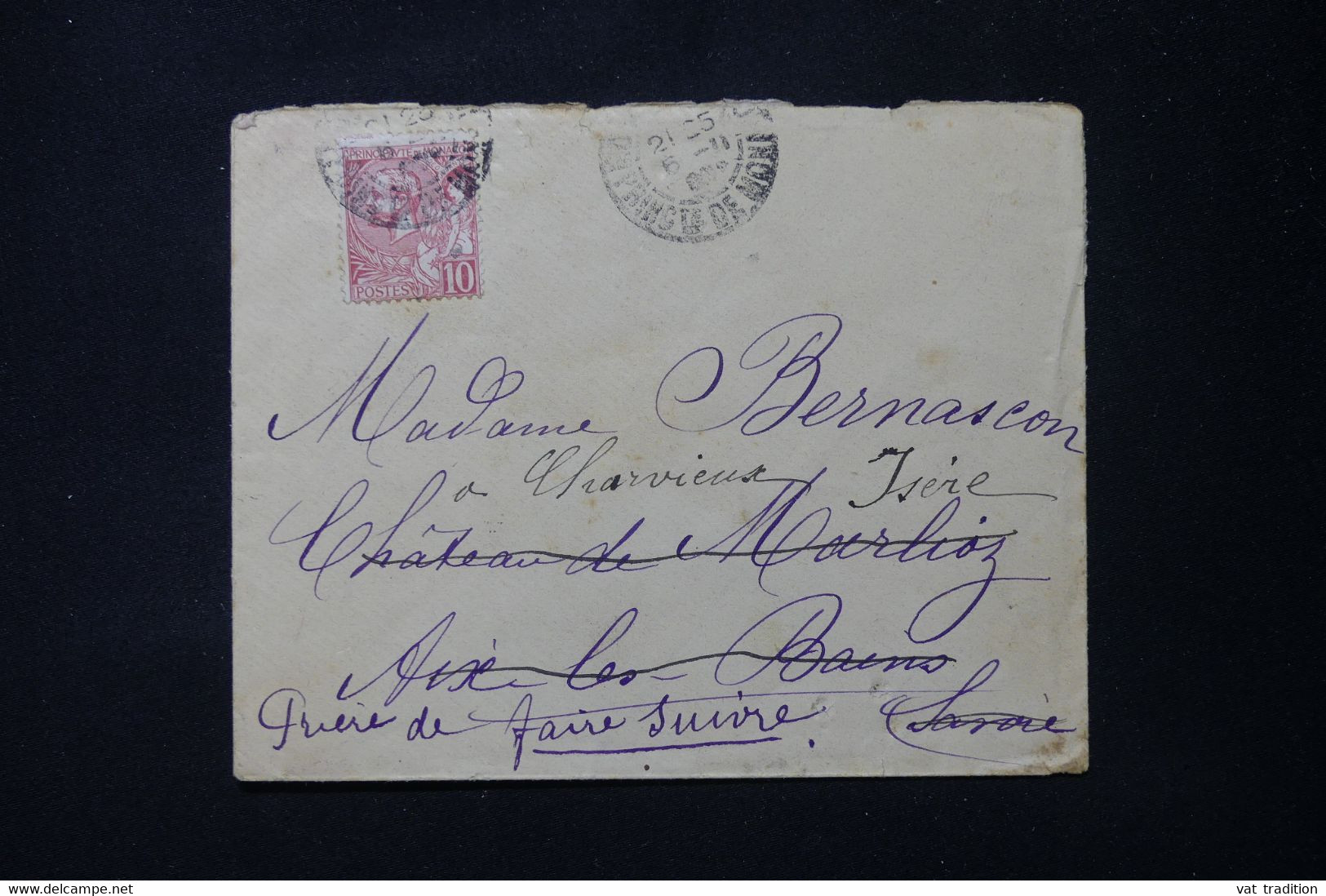 MONACO - Enveloppe Pour Lle Château De Marlioz Et Redirigé Vers Charvieux En 1908 - L 88626 - Storia Postale