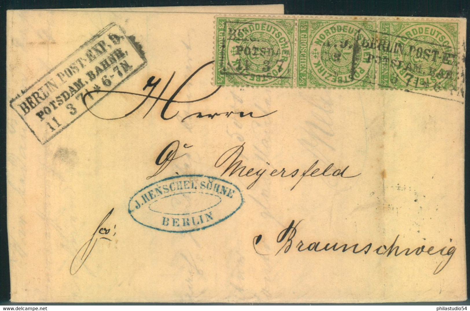 1871, 1/3 Groschen, Senkrechter 3-er-Streifen Auf Brief Mit Besserem Ra3 "BERLIN POST EXP. 9 POTSDAM. BAHNH." - Covers & Documents