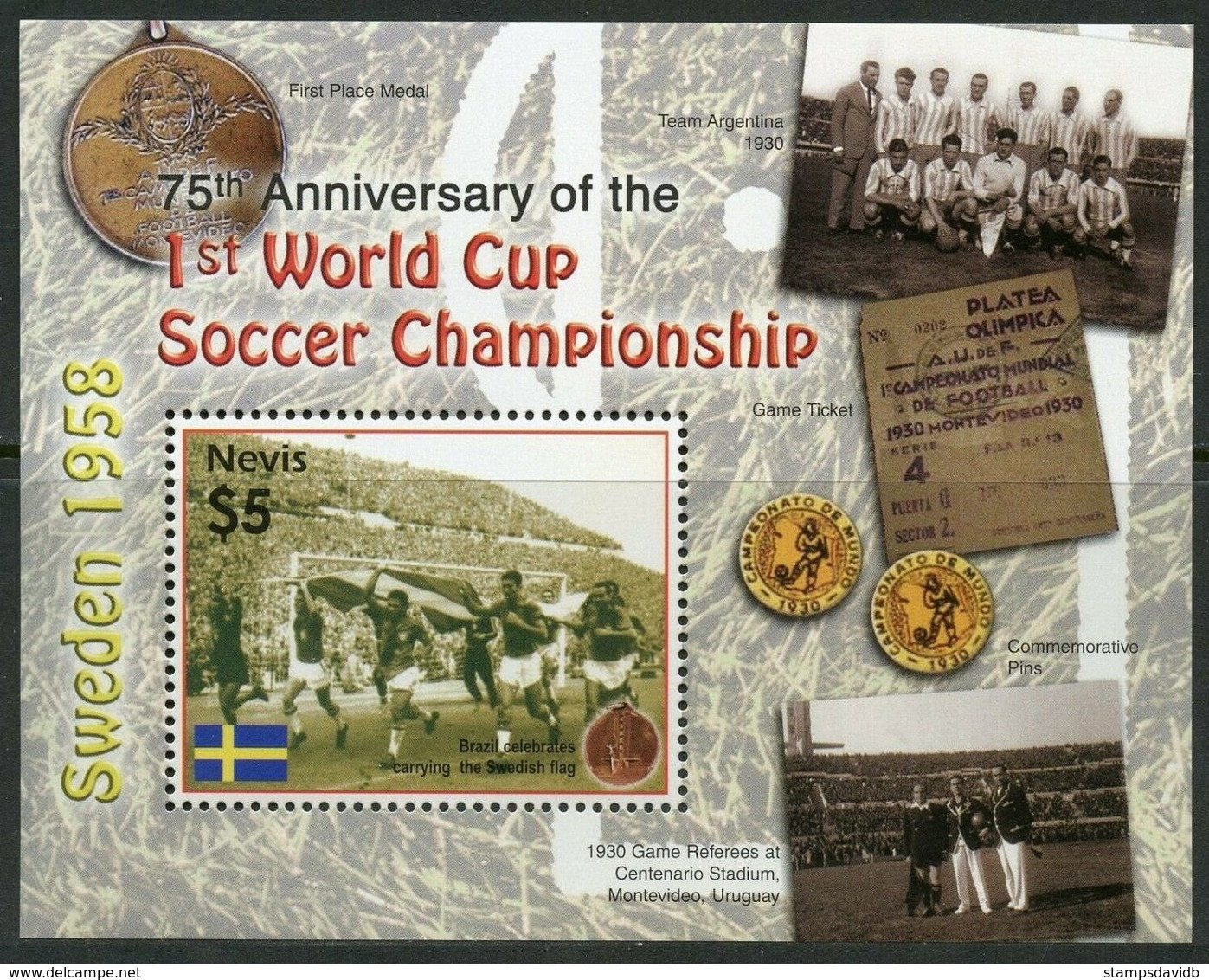 2005	Nevis	2073/B252	75th Anniversary Of The First FIFA World Cup - 1958 – Suecia