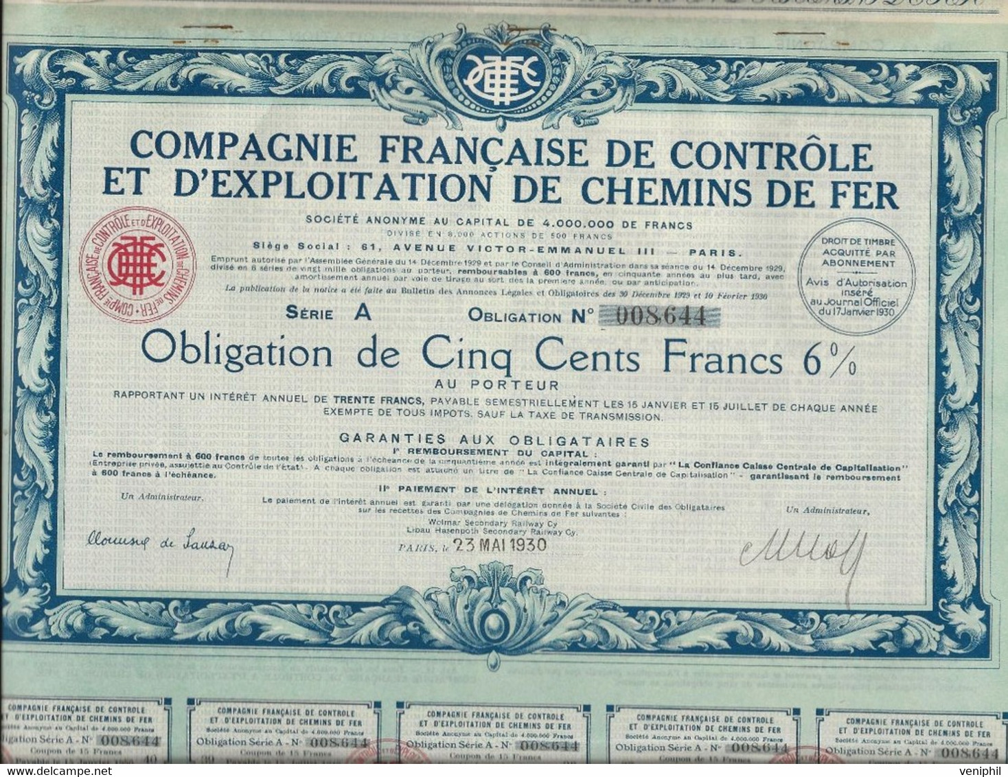 COMPAGNIE FRANCAISE DE CONTROLE ET D' EXPLOITATION DE CHEMINS DE FER  - ANNEE 1930 - Chemin De Fer & Tramway
