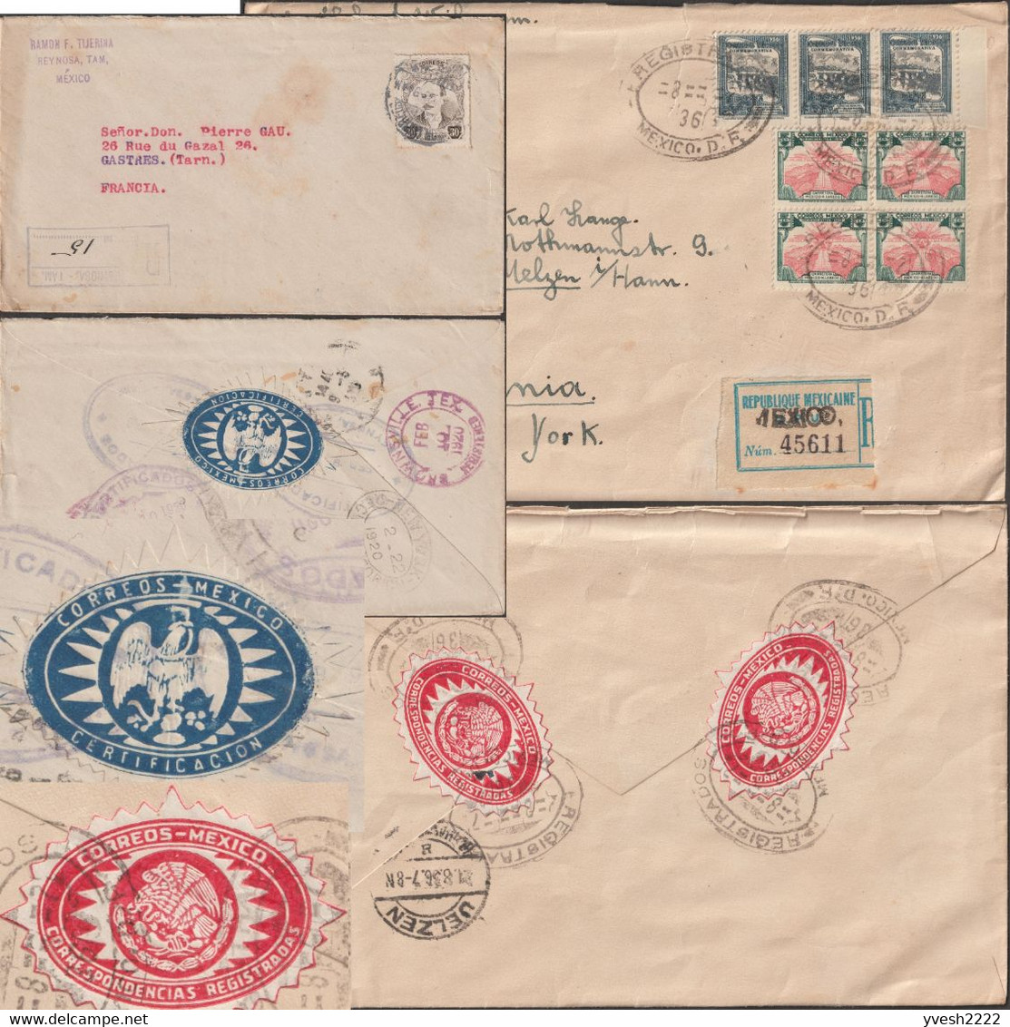 Mexique 1920 Et 1936. Deux Lettres Recommandées Avec Vignettes Postales Bleue Et Rouges. Cactus, Serpent, Aigle - Luchtpostbladen