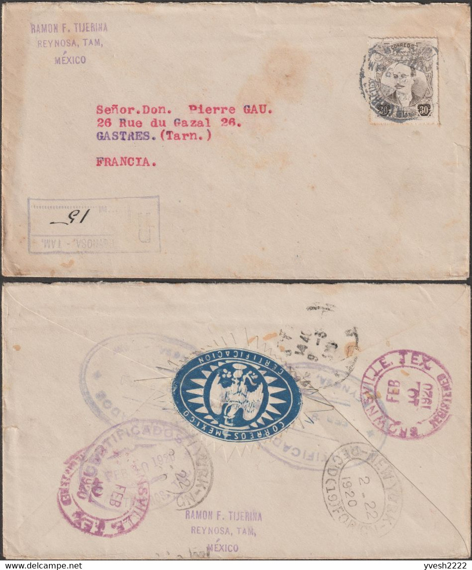 Mexique 1920 Et 1936. Deux Lettres Recommandées Avec Vignettes Postales Bleue Et Rouges. Cactus, Serpent, Aigle - Aerogrammi