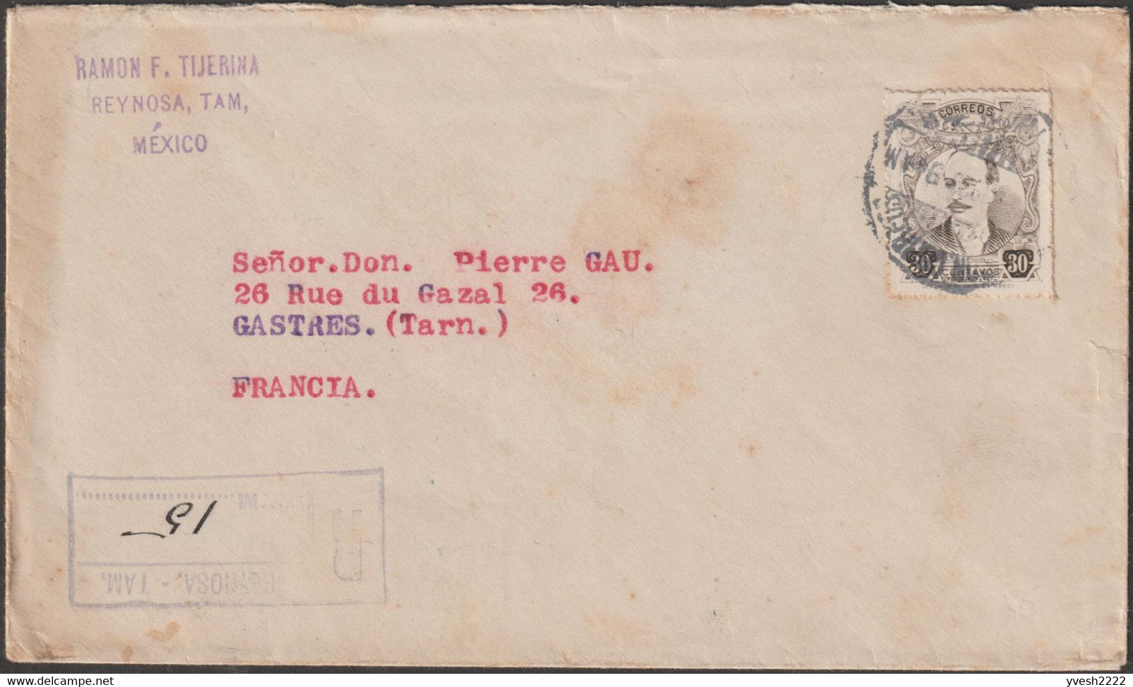 Mexique 1920 Et 1936. Deux Lettres Recommandées Avec Vignettes Postales Bleue Et Rouges. Cactus, Serpent, Aigle - Aerogrammi