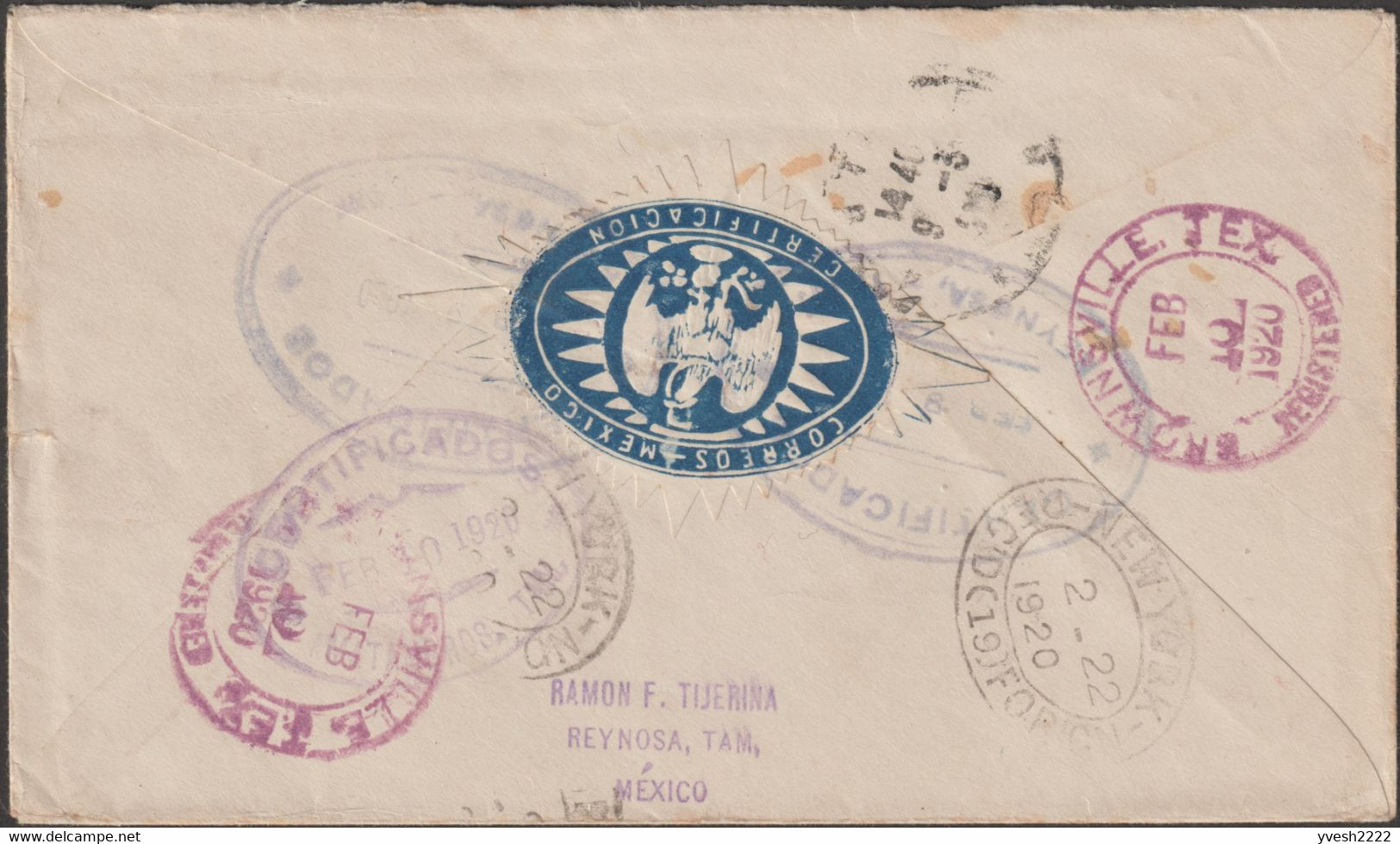 Mexique 1920 Et 1936. Deux Lettres Recommandées Avec Vignettes Postales Bleue Et Rouges. Cactus, Serpent, Aigle - Aerogramas