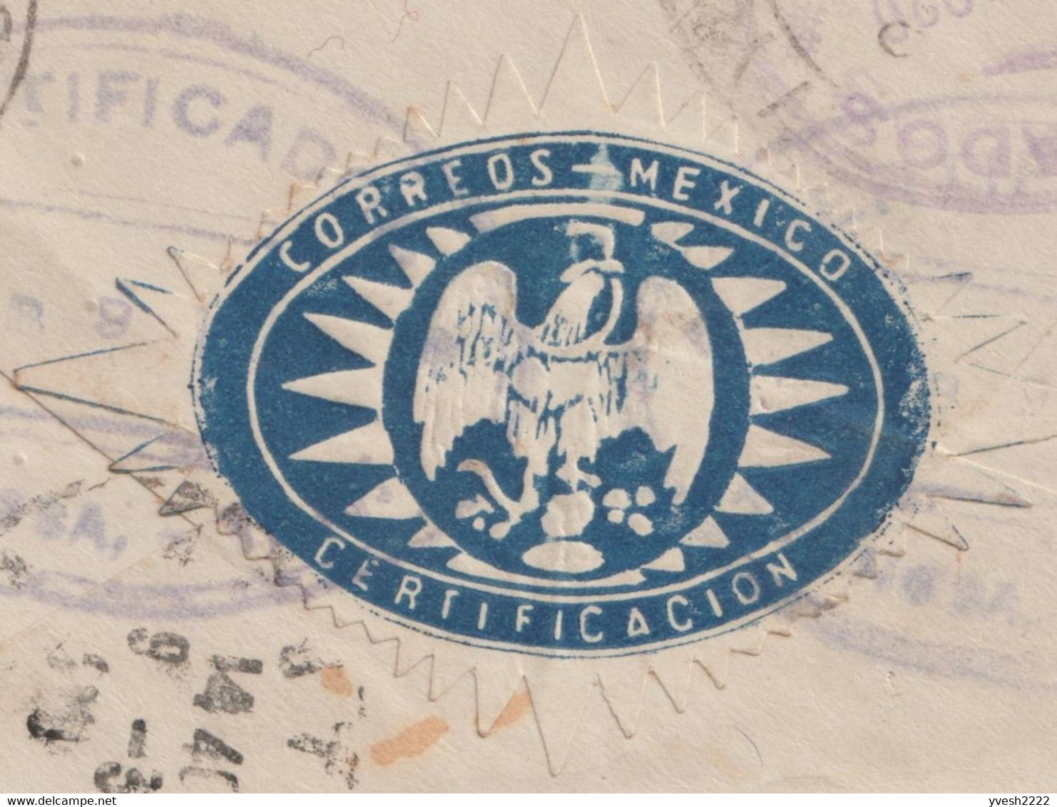 Mexique 1920 Et 1936. Deux Lettres Recommandées Avec Vignettes Postales Bleue Et Rouges. Cactus, Serpent, Aigle - Aerograms