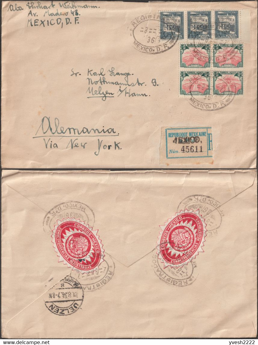 Mexique 1920 et 1936. Deux lettres recommandées avec vignettes postales bleue et rouges. Cactus, serpent, aigle