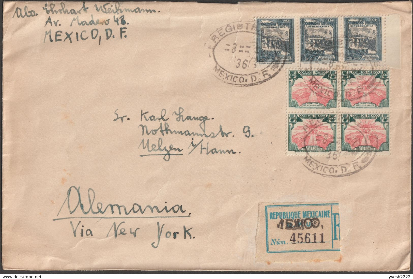 Mexique 1920 et 1936. Deux lettres recommandées avec vignettes postales bleue et rouges. Cactus, serpent, aigle