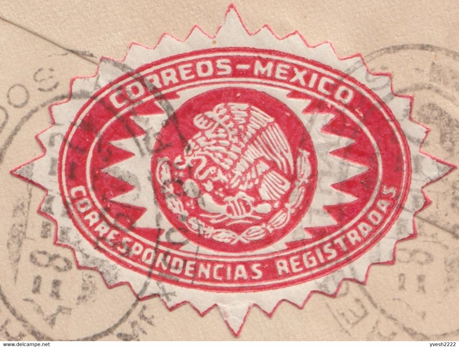 Mexique 1920 et 1936. Deux lettres recommandées avec vignettes postales bleue et rouges. Cactus, serpent, aigle