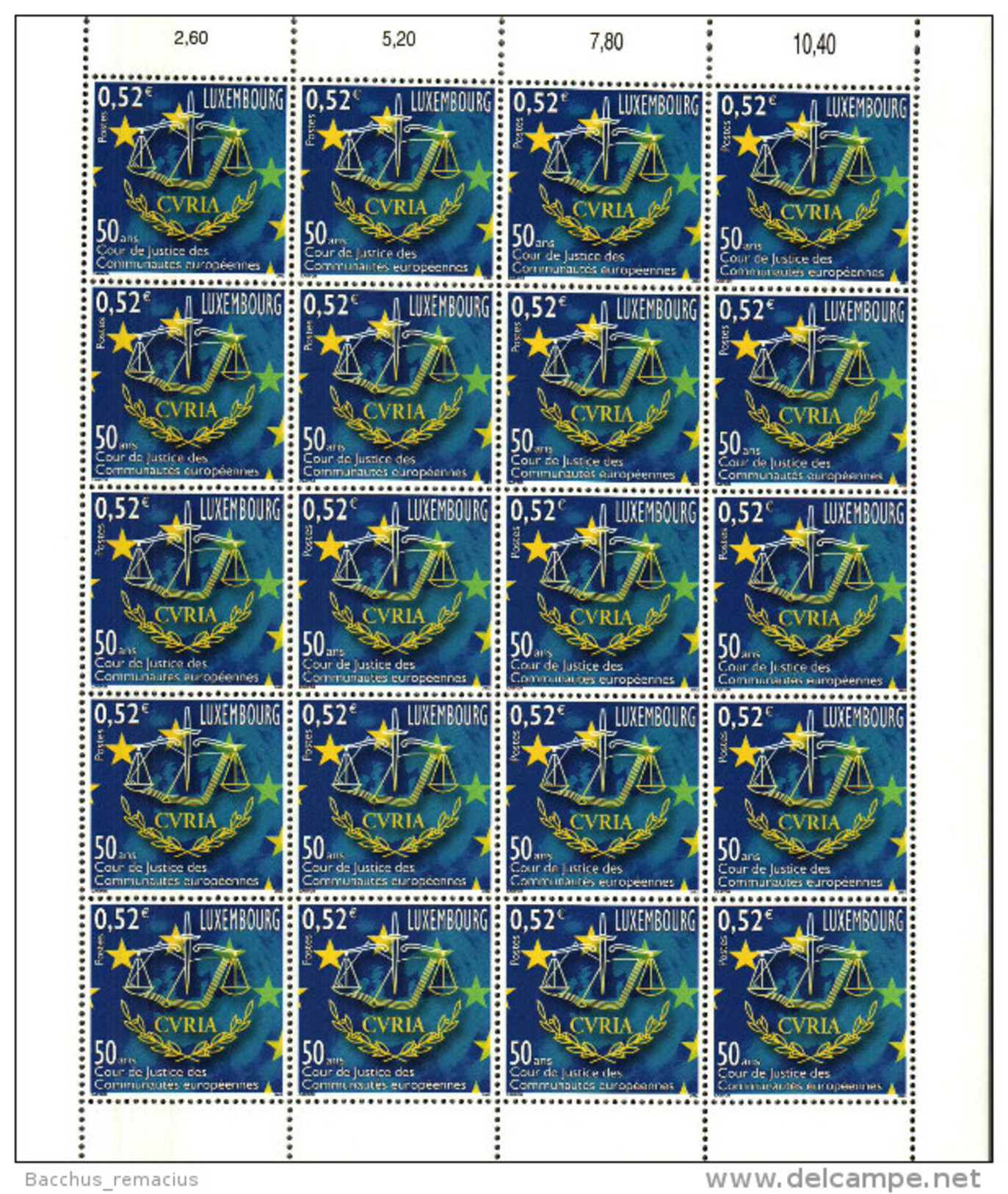 Luxembourg Feuille De 20 Timbres à 0,52 Euro. 50 Ans Cour De Justice Des Communautés Européennes 2002 - Fogli Completi