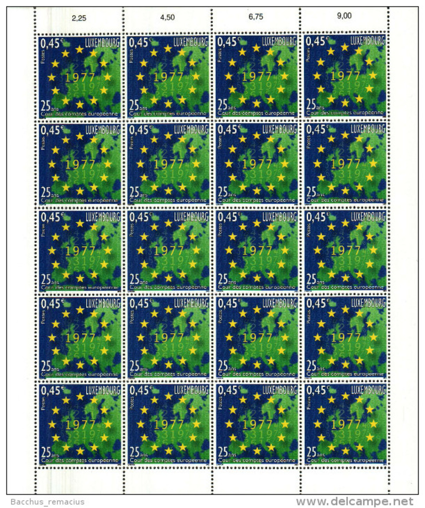 Luxembourg Feuille De 20 Timbres à 0,45 Euro 25 Ans  Cour Des Comptes Européennes 1977-2002 - Full Sheets