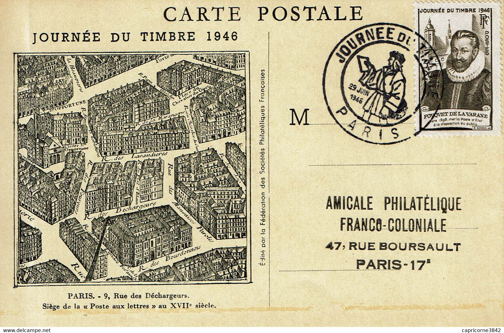 1946 -  JOURNEE DU TIMBRE - PARIS  - Tp FOUQUET DE LA VARANE  N° 754   (léger Pli à Gauche) - ....-1949