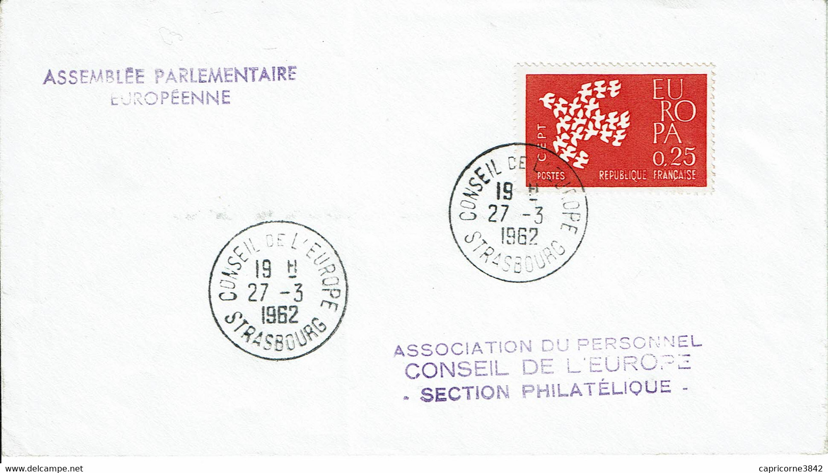 1962 -Cachet Manuel CONSEIL DE L'EUROPE - STRASBOURG -tp N° 1309 -Cachet ASSEMBLEE PARLEMENTAIRE EUROPEENNE - Cartas & Documentos