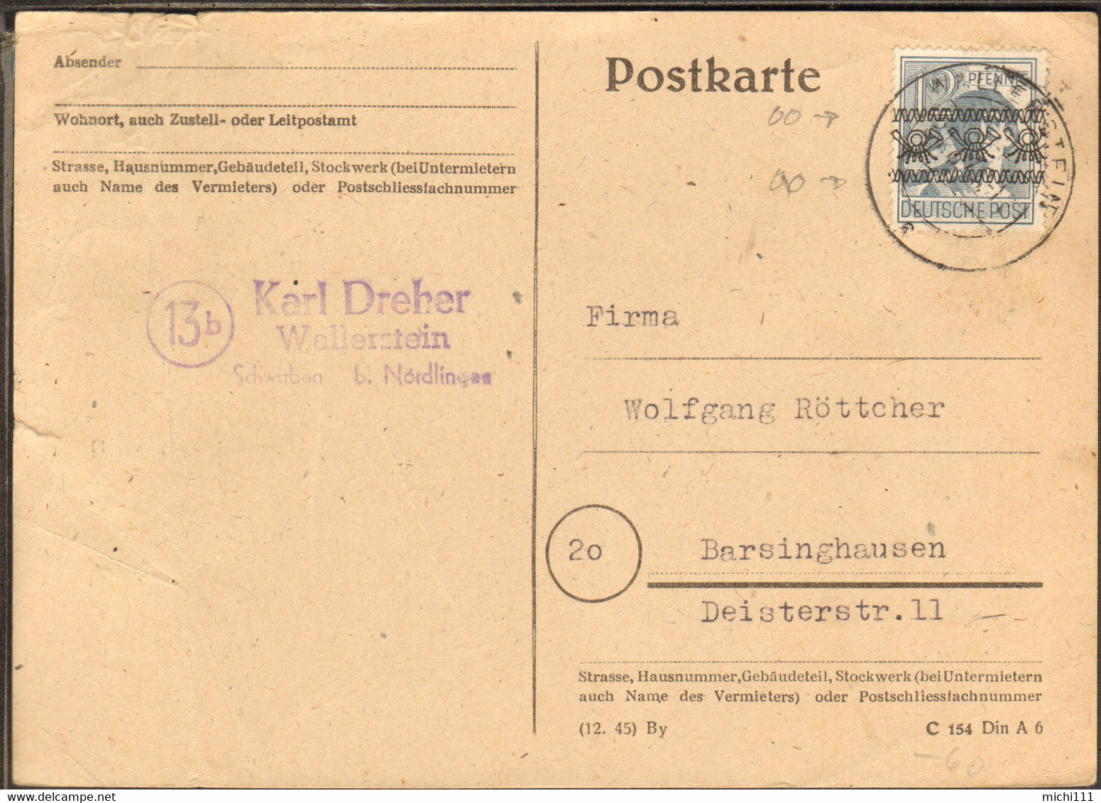 Bizone 12 Pfg.Arbeiter Bandaufdruck A.Postkarte  V.1948 Aus Wallerstein - Autres & Non Classés