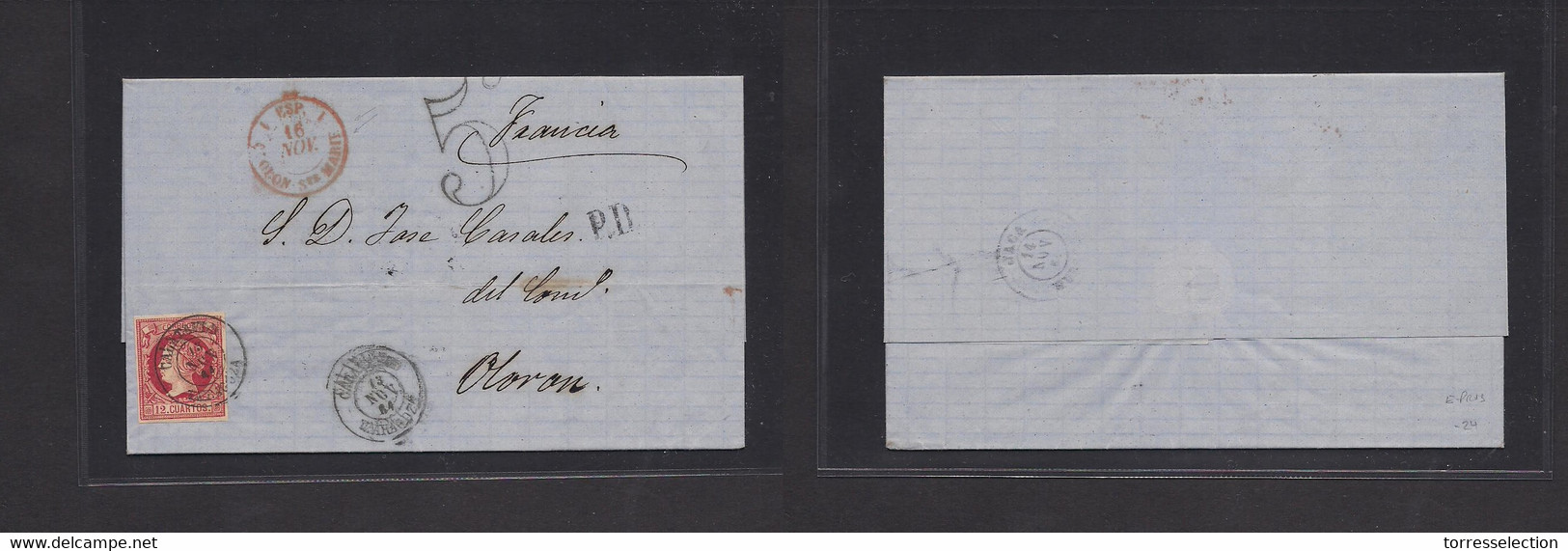 E-PROVINCIAS. 1861 (13 Nov) 53º Zaragoza, Calatayud - Francia, Oloron Via Jaca. Sobre Completo Con Franqueo 12c Carmin M - Other & Unclassified